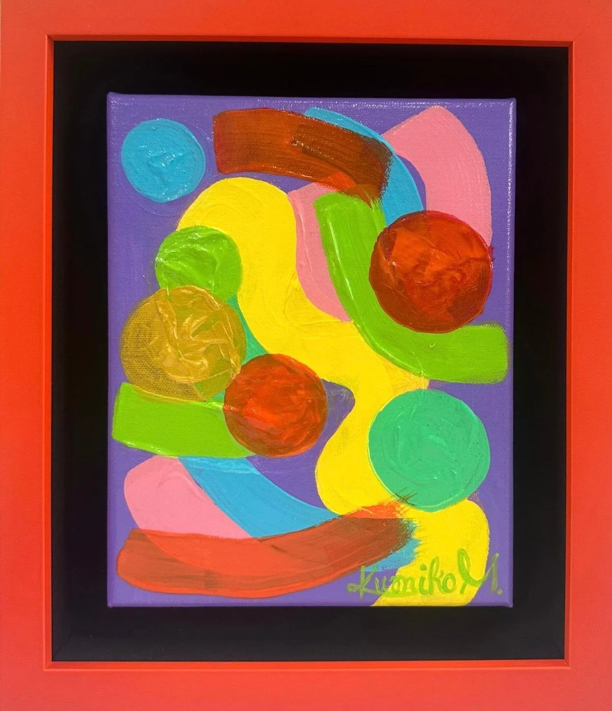Abstract painting with multicolored shapes and bold brushstrokes on a purple background, including circles, curved lines, and a combination of bright colors like yellow, green, red, blue, pink, and orange.