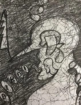 Abstract black and white drawing featuring a large face with closed eyes, a prominent nose, and a mustache, surrounded by various scribbles and patterns.