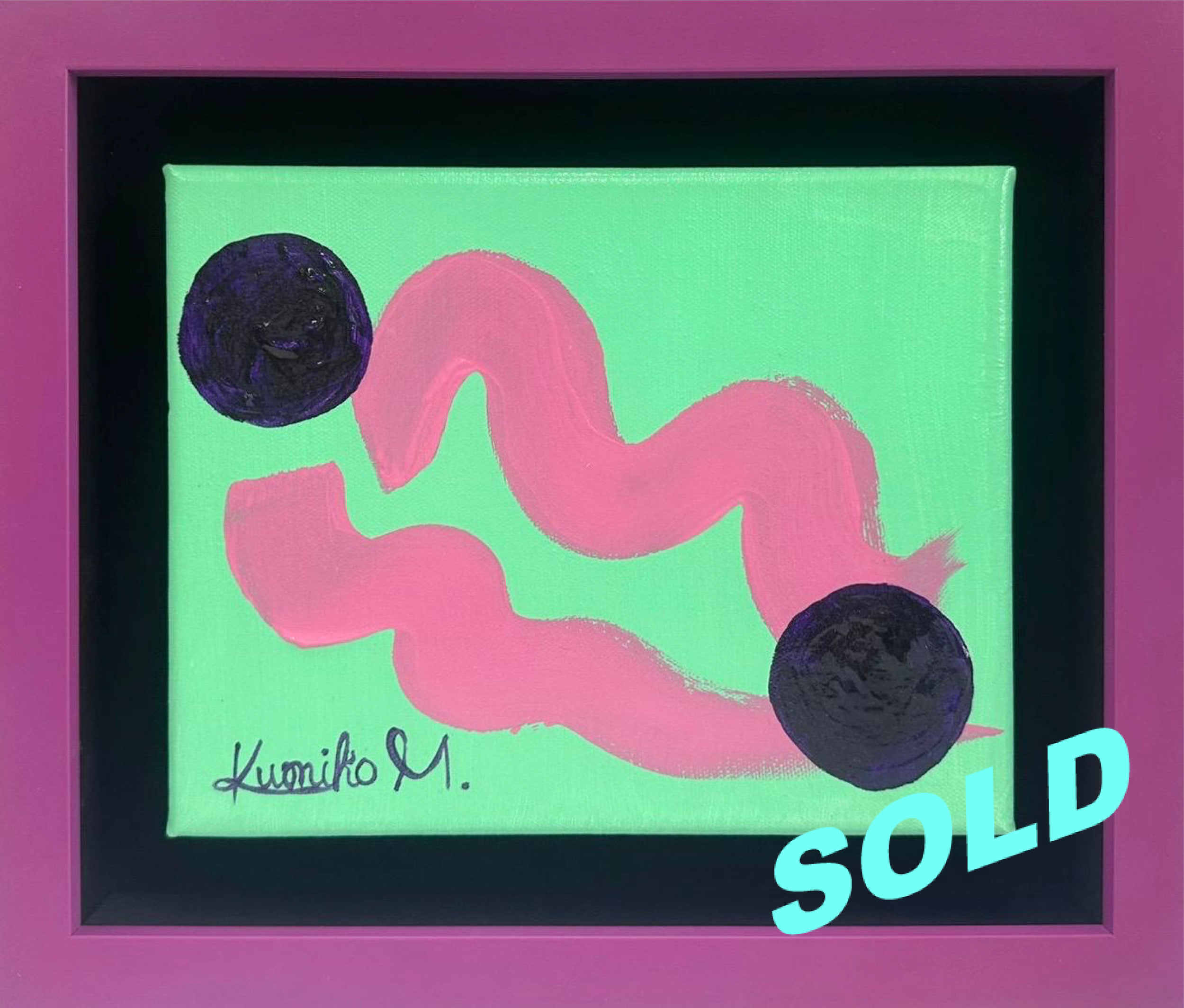 Abstract painting with a light green background, featuring a wavy pink line connecting two purple circles, with a blue 'SOLD' overlay.