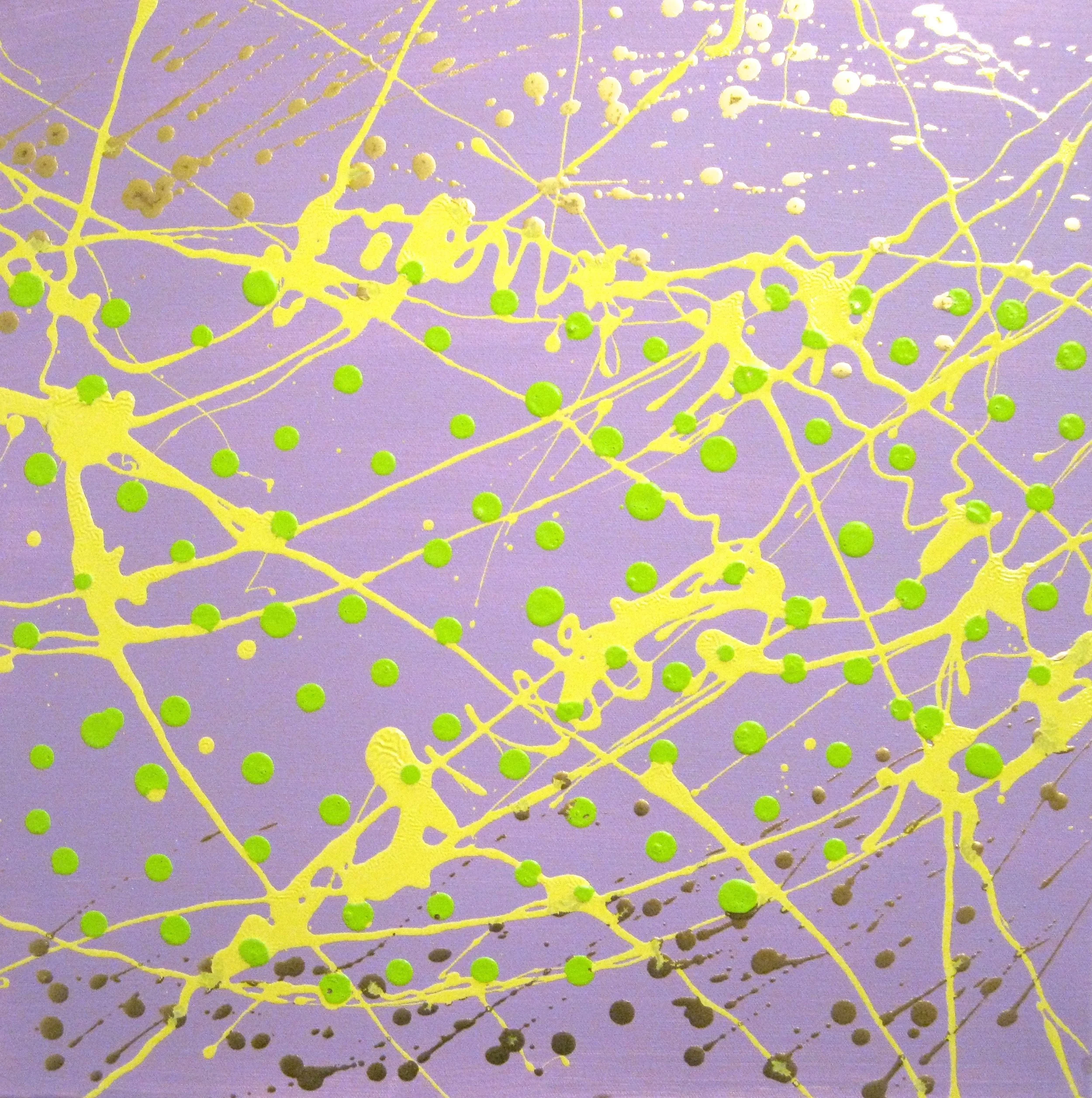 Abstract painting with a purple background, yellow splatters, and green dots, created in a drip-style technique.