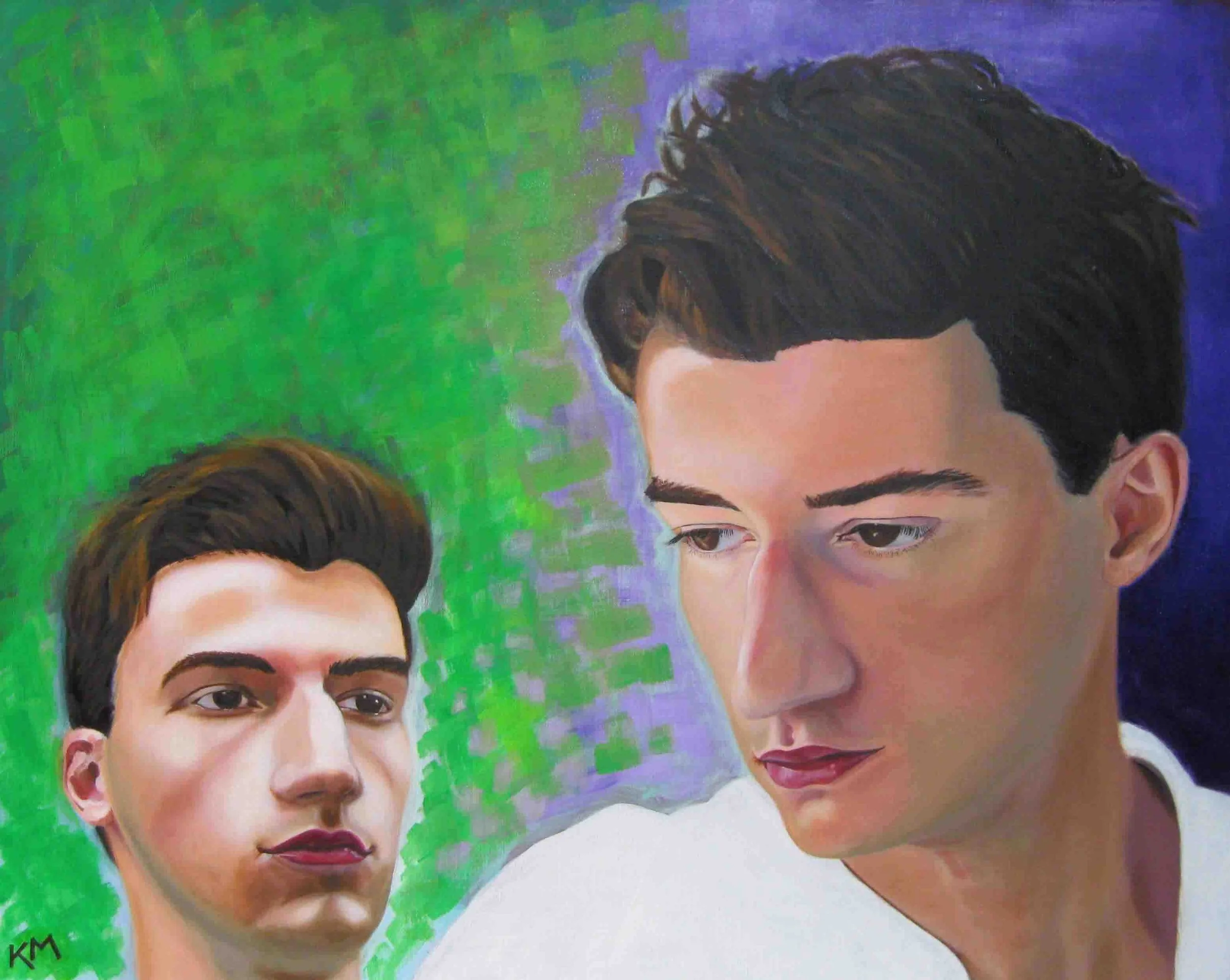 Painting of two young men with dark hair, one looking down and the other looking to the side, against a green and purple background.