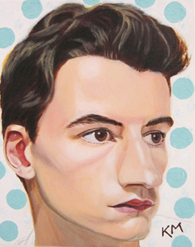 Painted portrait of a young man with dark hair and light skin, set against a polka dot background.