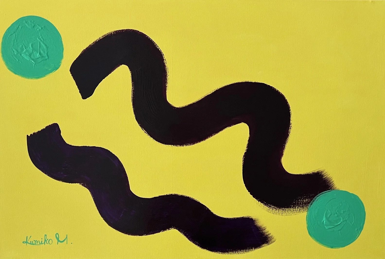 Abstract painting with two black S-shaped lines connected by a spring-like curve on a yellow background, with a turquoise circle in each top left and bottom right corner, and a signature in teal at the bottom left.