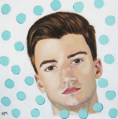 Portrait of a young man with brown hair and fair skin, set against a white background with blue polka dots.