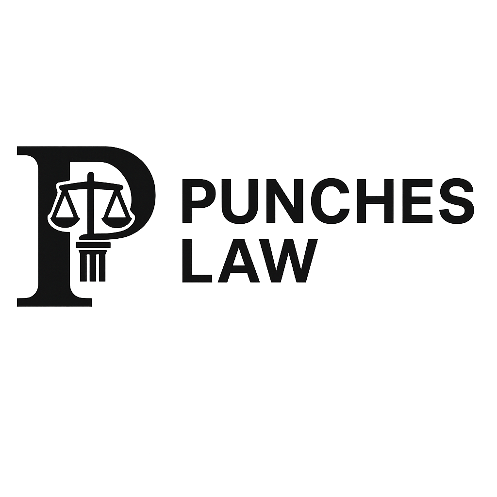 Sign with a large letter P containing a lawyer's scales, and the text "Punches Law" next to it.