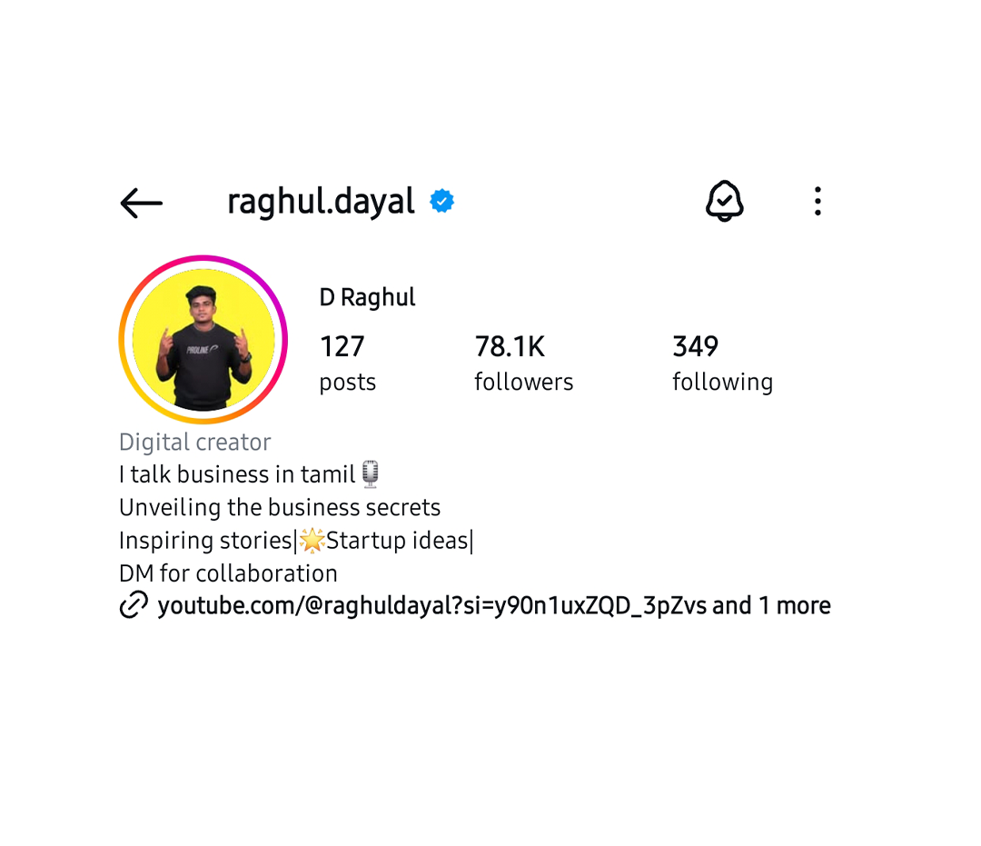 Screenshot of TikTok profile of Raghul Dayal, a digital creator with 127 posts, 78.1K followers, and 349 following, featuring a profile picture of a man making hand gestures on a yellow background.