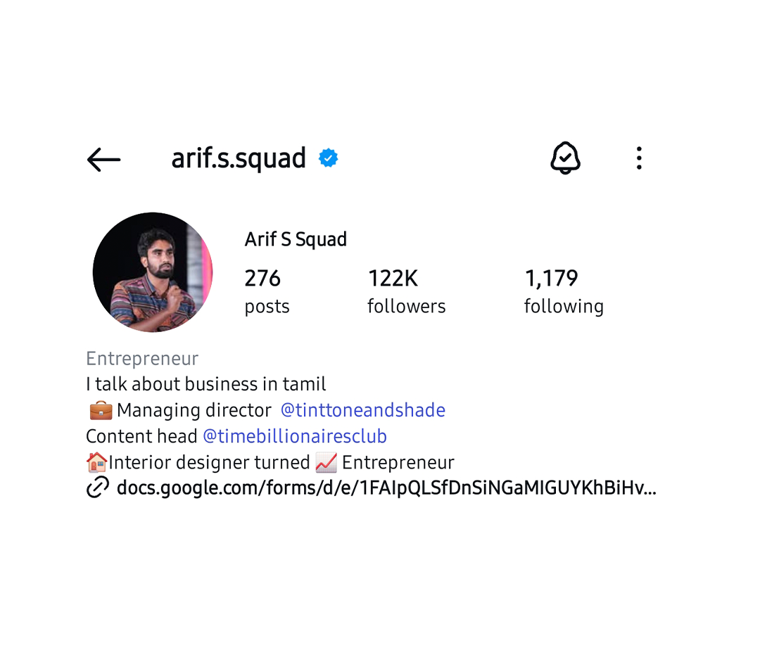 Instagram profile page of Arif S Squad showing profile picture, verification badge, username, bio, and link.