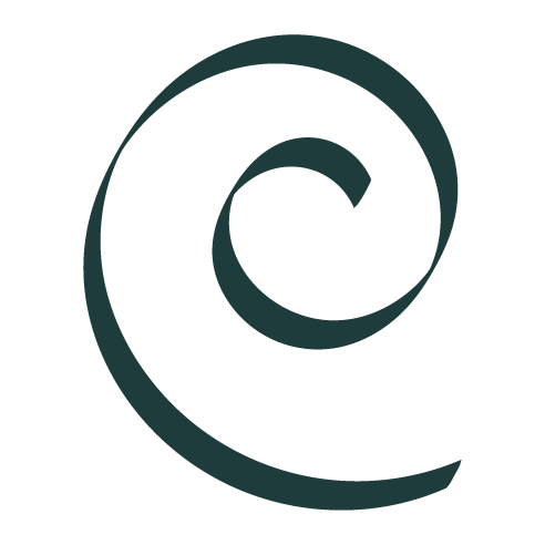 A black spiral or swirl design on a white background.