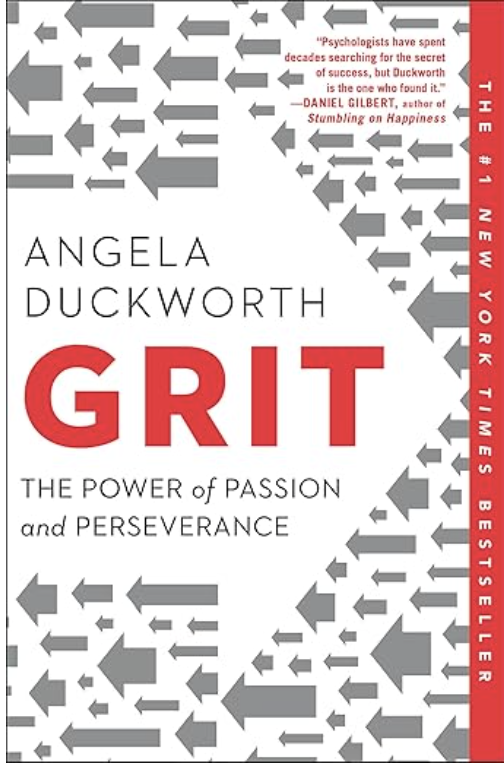 Book cover for 'Grit' by Angela Duckworth, with the subtitle 'The Power of Passion and Perseverance.' The background features gray arrows pointing in various directions, and there is a red vertical stripe on the right side with the text 'The #1 New York Times Bestseller.'
