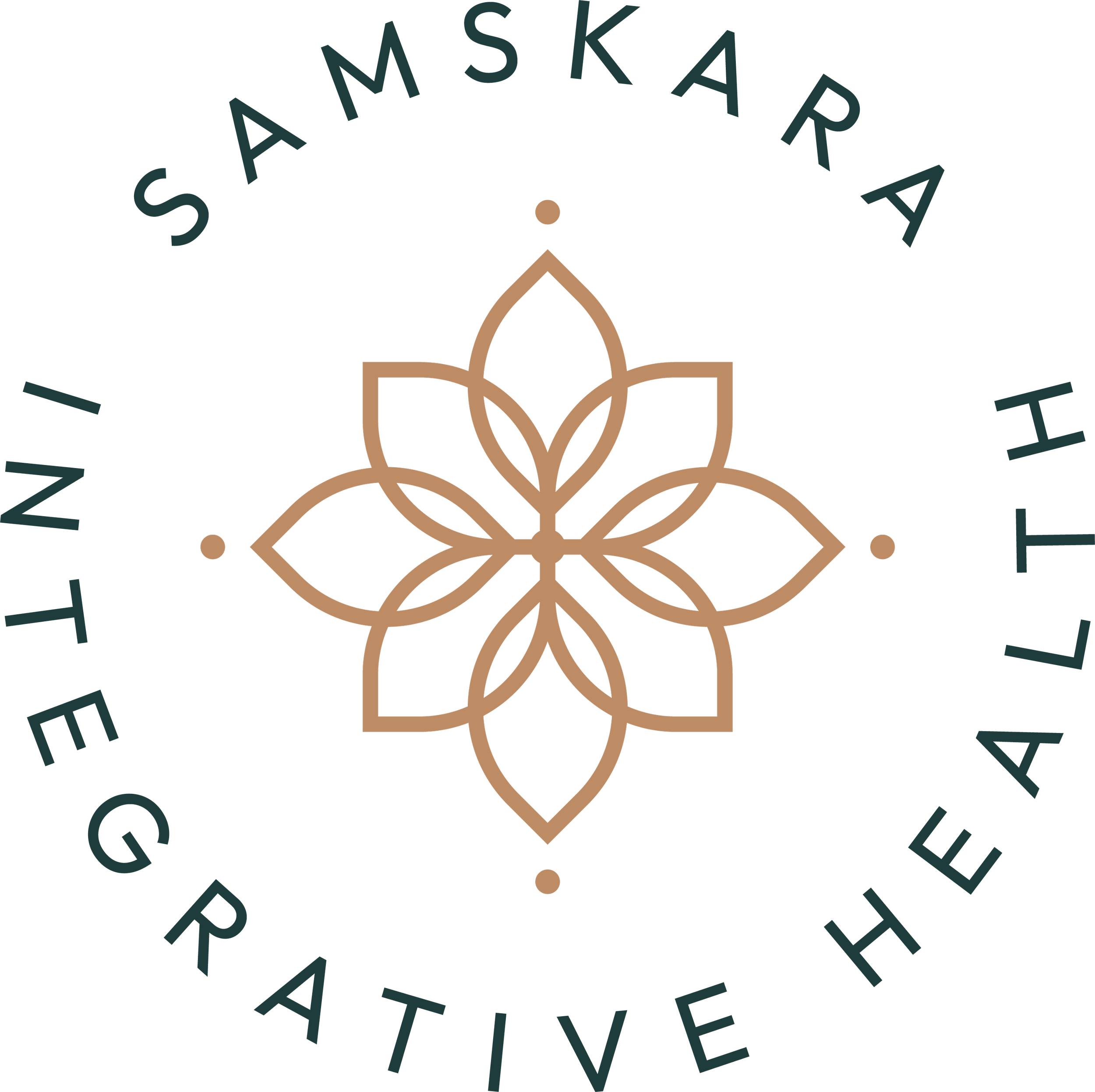 Logo with a geometric flower design in the center and the text 'The Integrative SAMSKARA' around it.