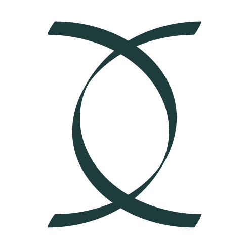 A stylized, minimalist black and white graphic design resembling an abstract symbol or logo with curved lines forming an enclosed oval shape.