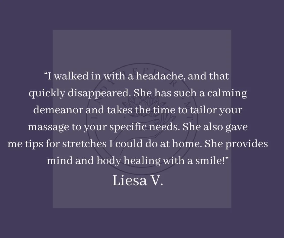 I love reviews like this 💜

I&rsquo;m always here if you need a relaxing massage, but I really love helping with pain relief too. Headaches are one of those things that can sneak up on you &mdash; a dull ache that makes it hard to focus, connect, or