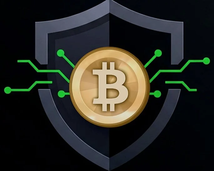 Bitcoin symbol in front of a shield, with digital green lines representing cybersecurity or digital protection.