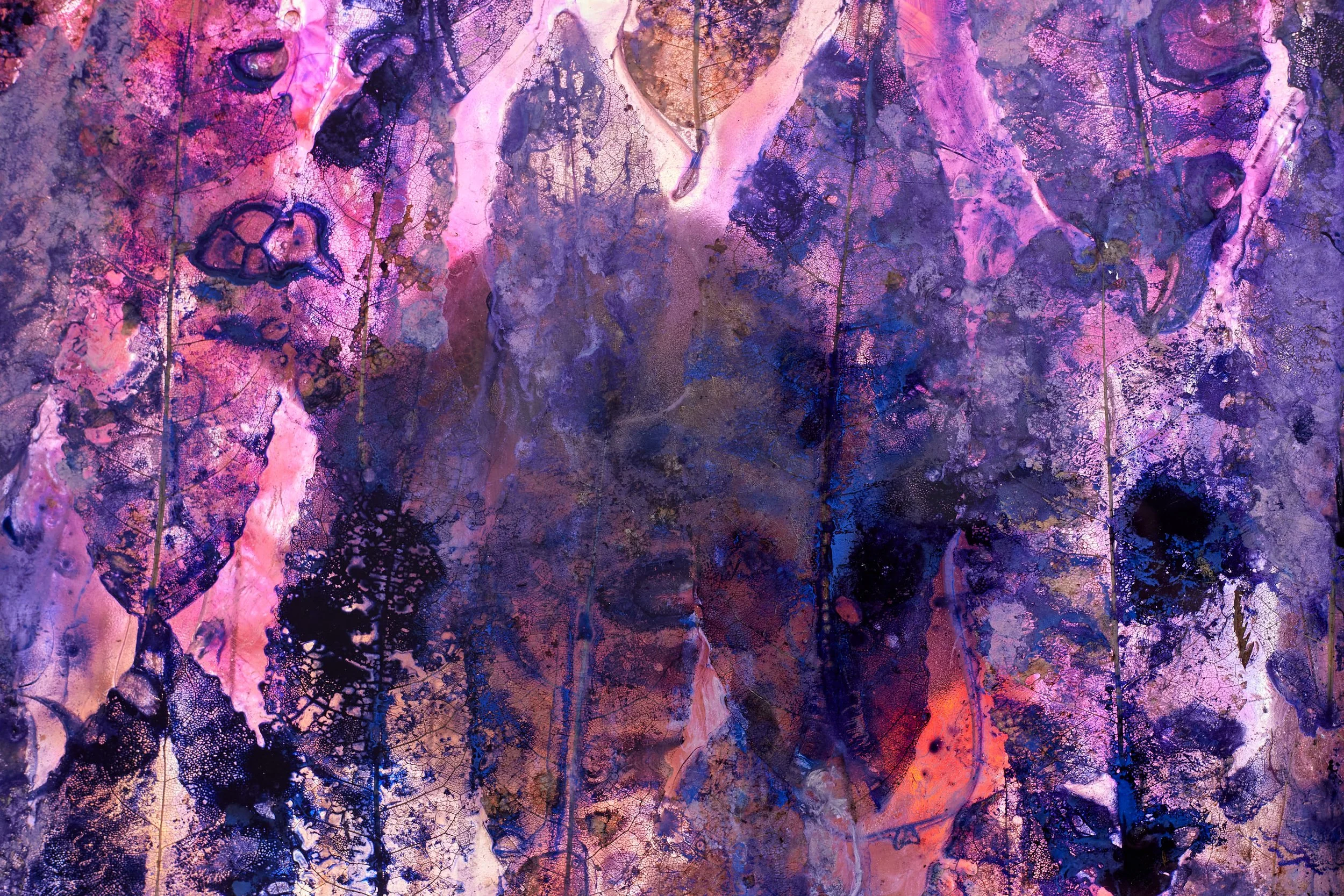 An abstract painting with purple, pink, and dark blue colors, resembling leaf veins and organic textures.