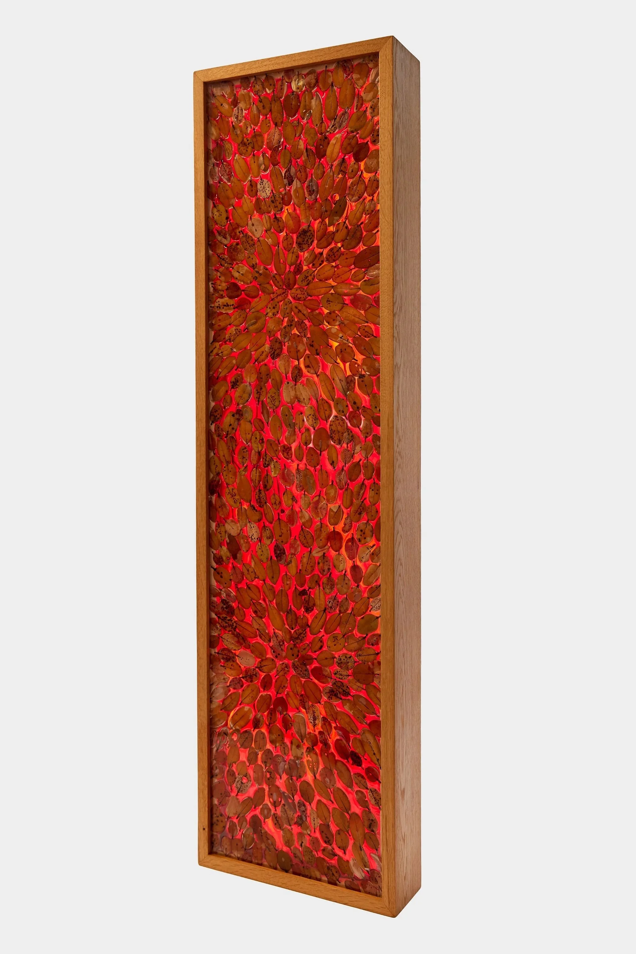 A tall wooden framed wall art lamp containing a display of native Aotearoa pōhutukawa leaves with red LED backlighting that highlights their shapes and colors.
