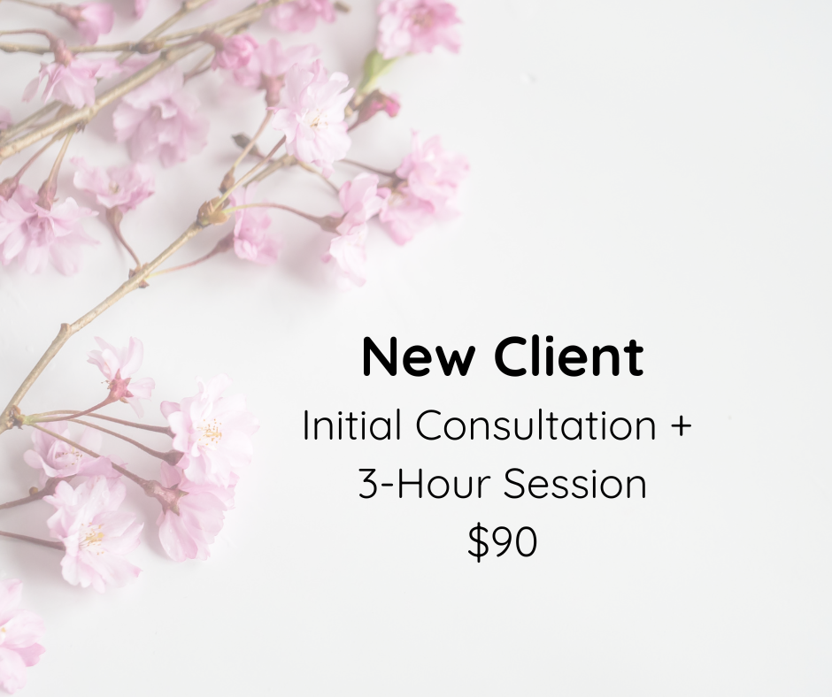 A promotional graphic featuring pink cherry blossoms on the left side with text on a white background offering a new client package for initial consultation and 3-hour session for $90.