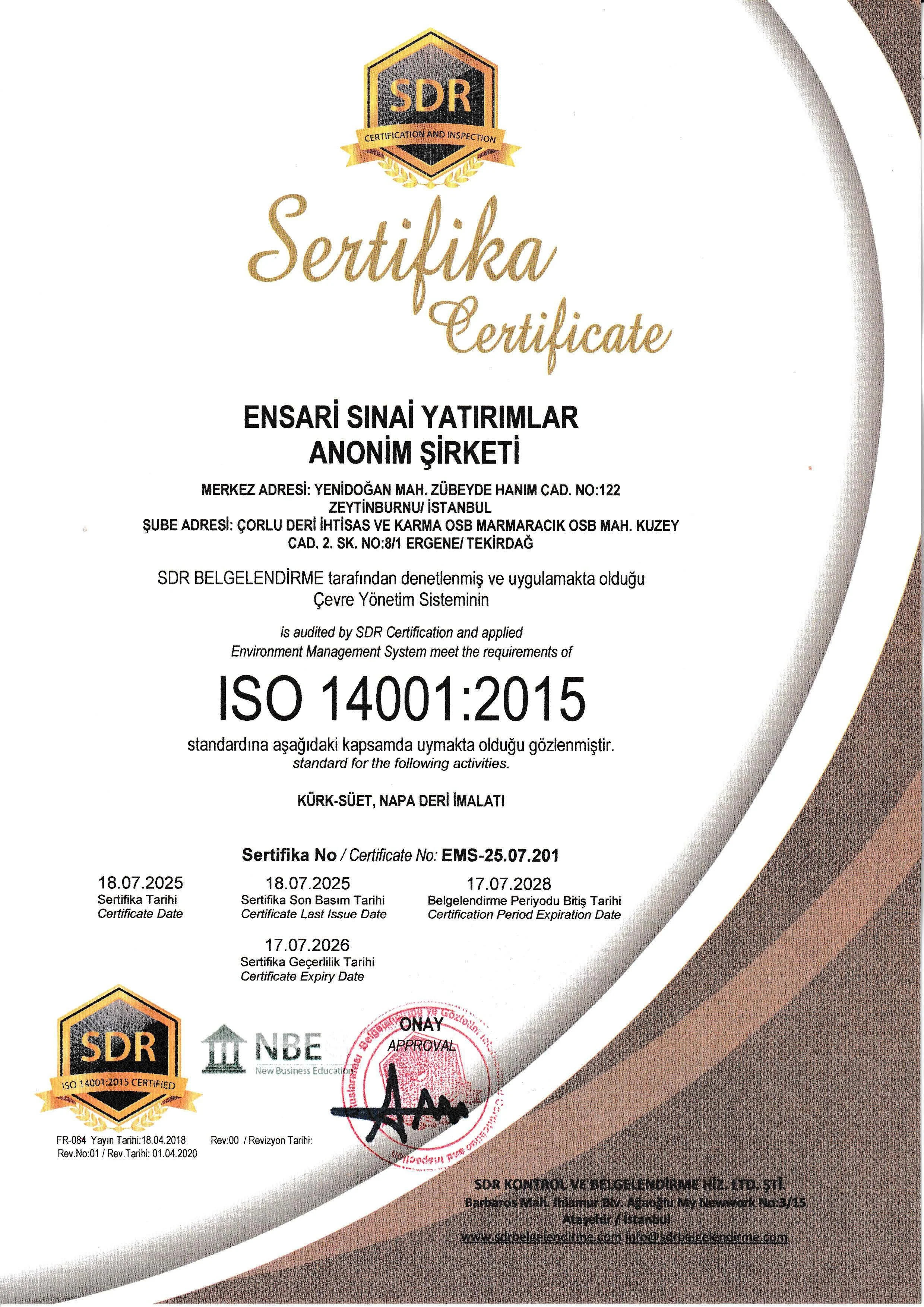 ISO 14001:2015 certification certificate awarded to Ensari Sinai Yatirimlar Anonim Sirketi, issued by SDR Belgelendirme, for environmental management system, with relevant details and approval stamps.