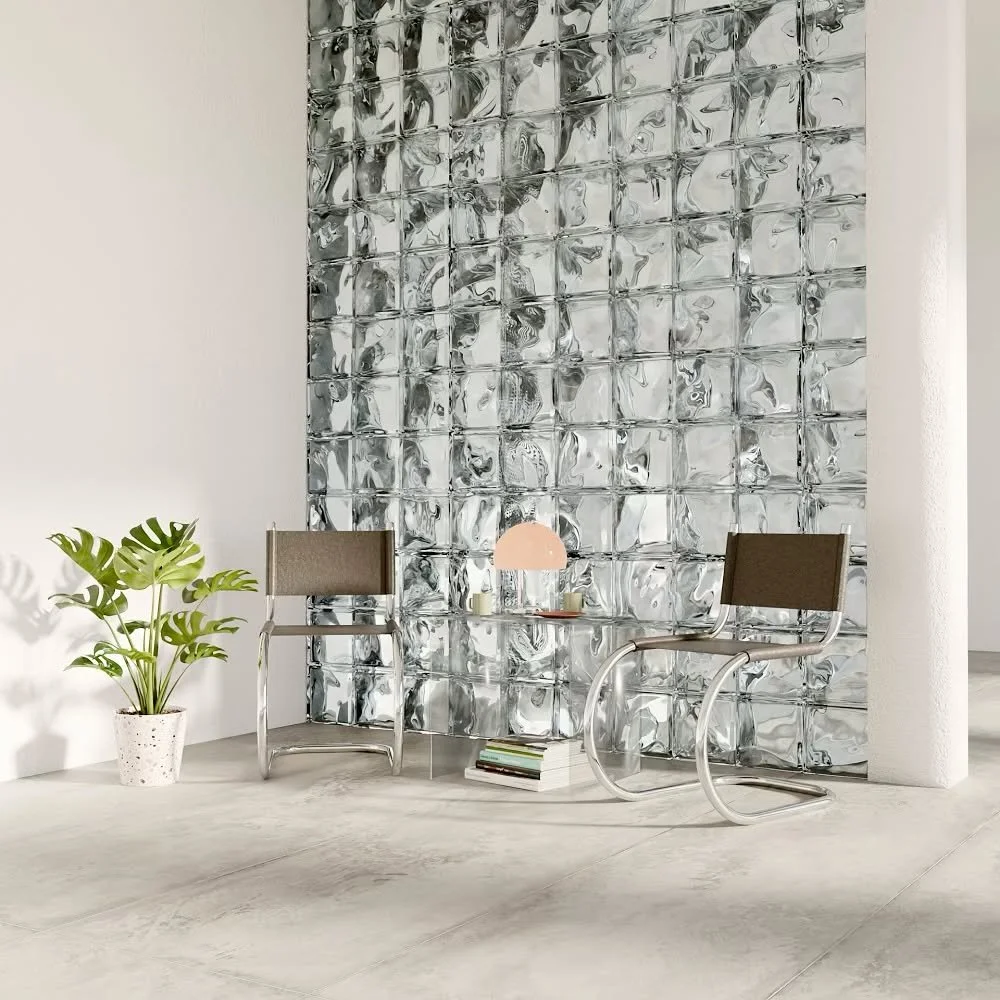 Cantilever chairs and glass block wall. Made in blender.