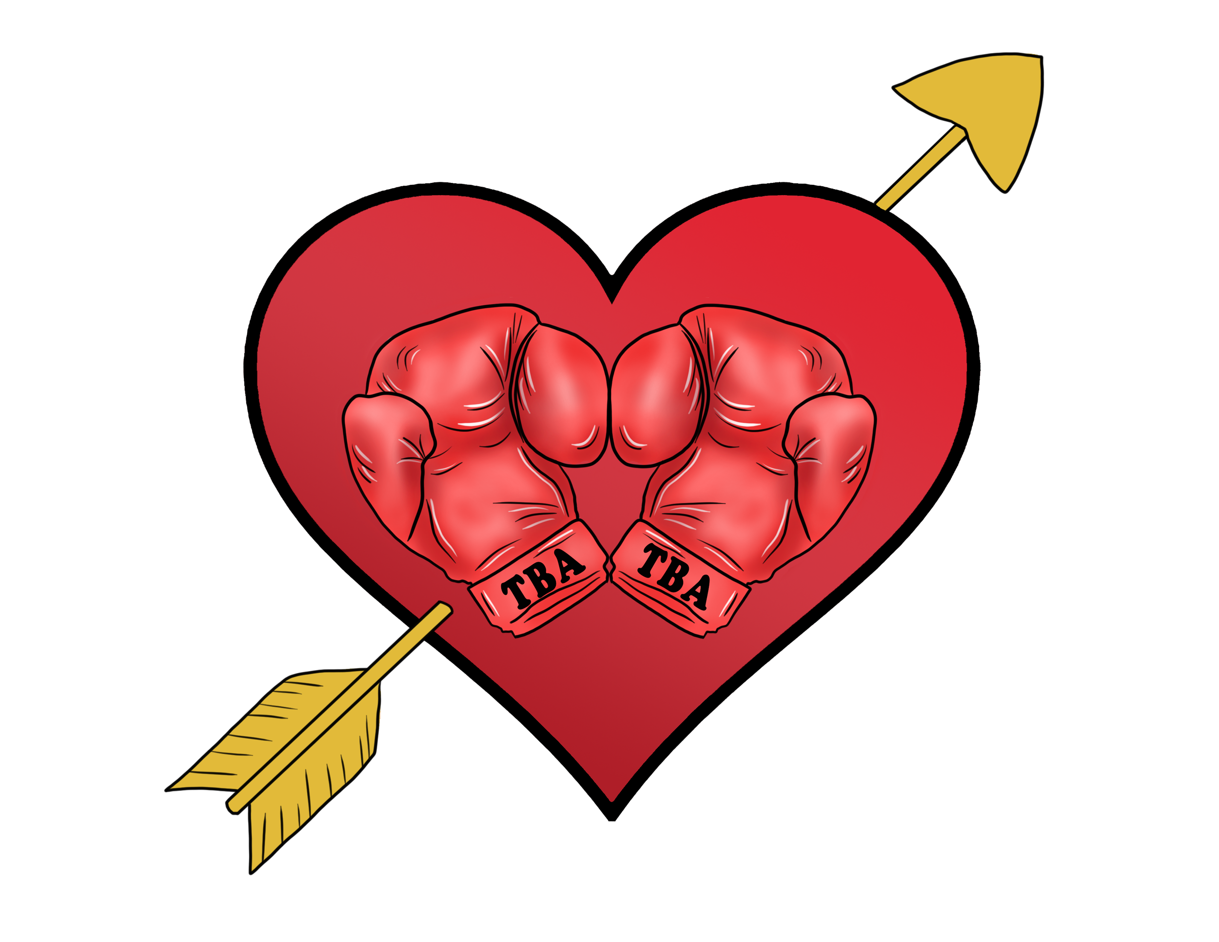 A heart with boxing gloves inside, each glove labeled "TBA" and an arrow pointing to the right.