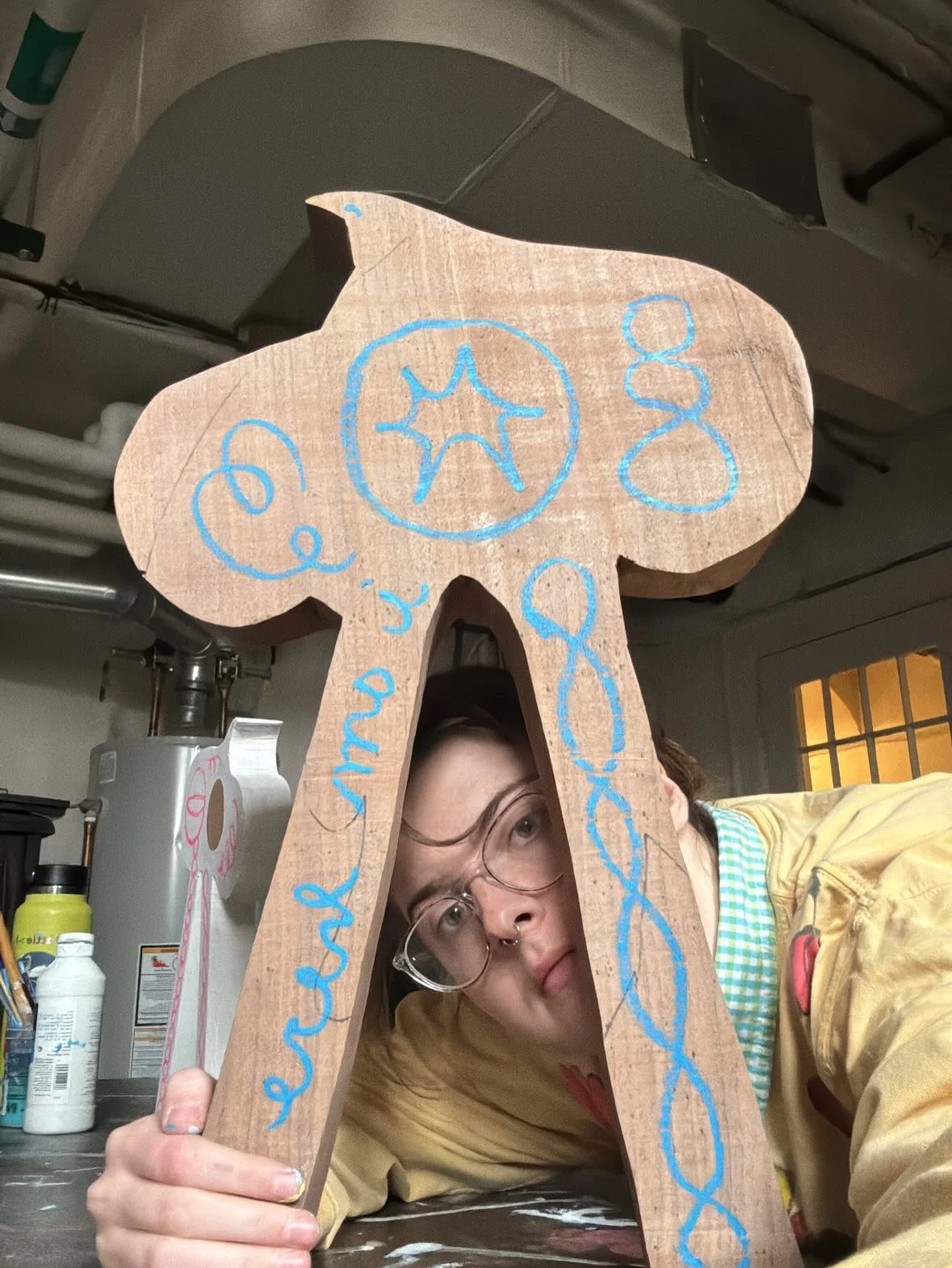 @art.hat - My essential tools and materials are my paint crayons and acrylic paints, good markers, wood from the junk pile, and my jig saw. I like to light a candle to be intentional about opening the portal to make the thing. I like to work on many 