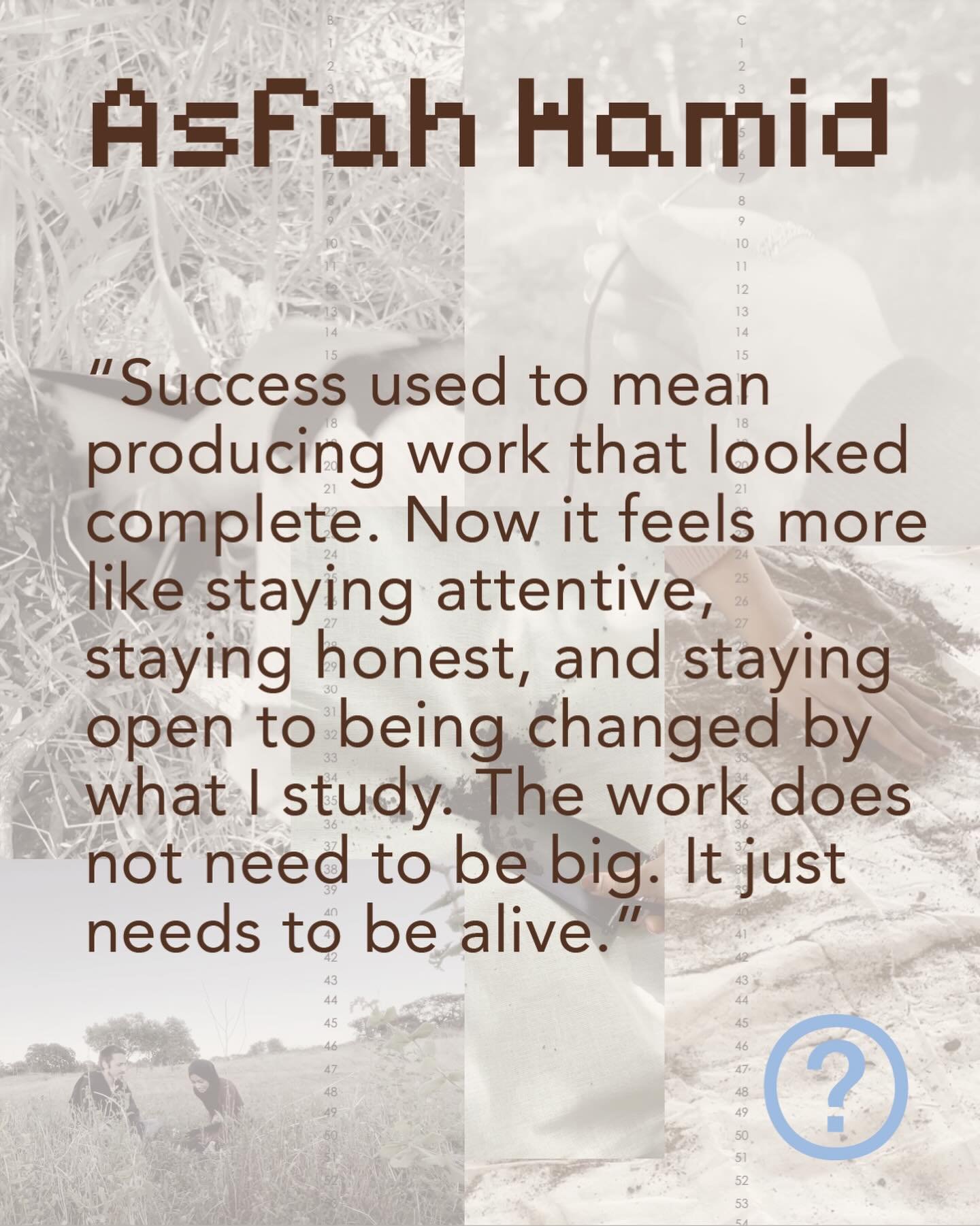 @asfahhamid - I am Asfah Hamid, an interior designer and environmental artist who works between soil, sound, memory, and care. My practice sits in the quiet middle ground where things are made, unmade, and sometimes held together by the faintest thre