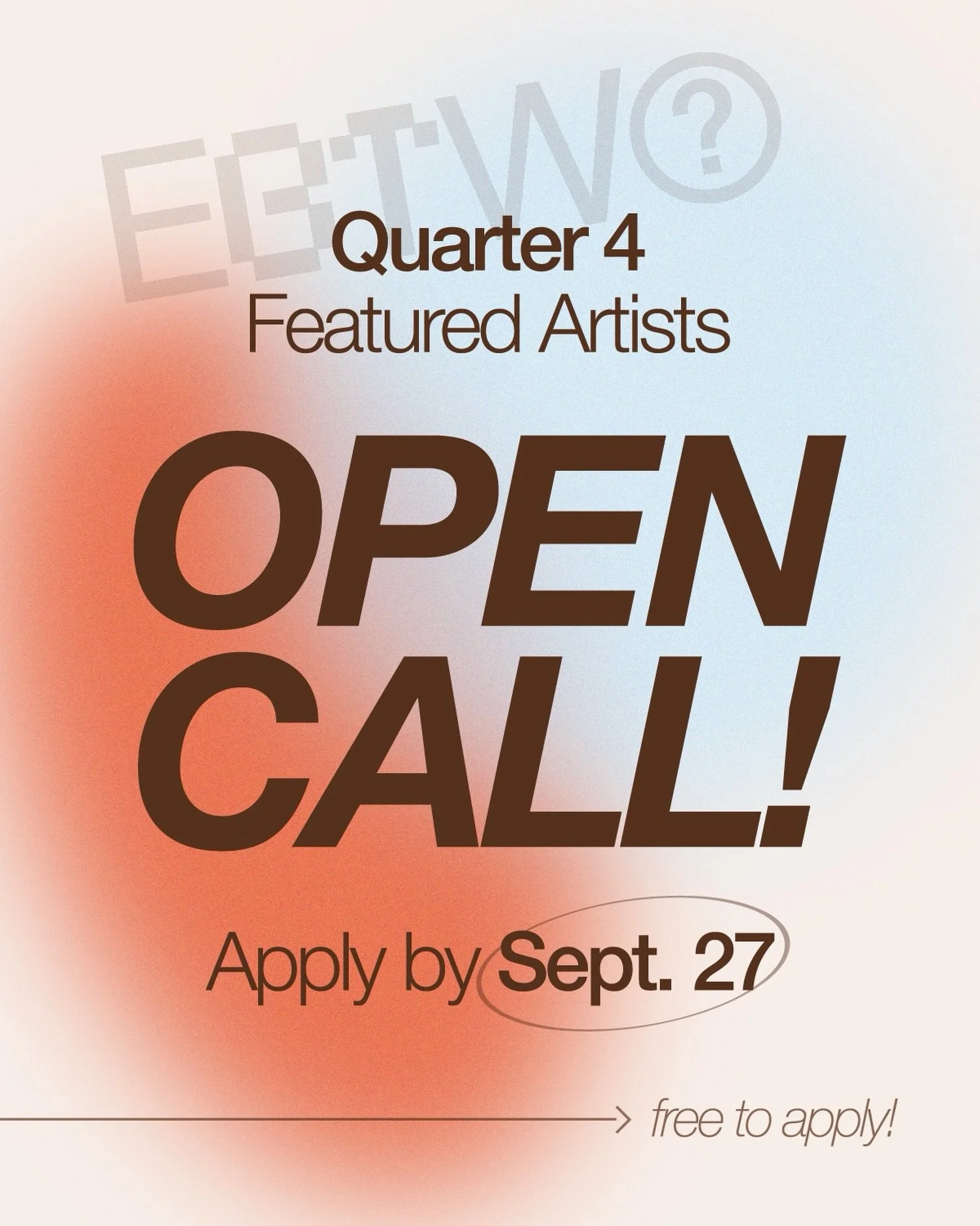Applications are now OPEN to be one of our Quarter 4 Featured Artists! 🥳

Open through Sunday, September 27th, this call is to be featured during the months of October, November, or December. Over the course of five days (Monday-Friday), featured ar