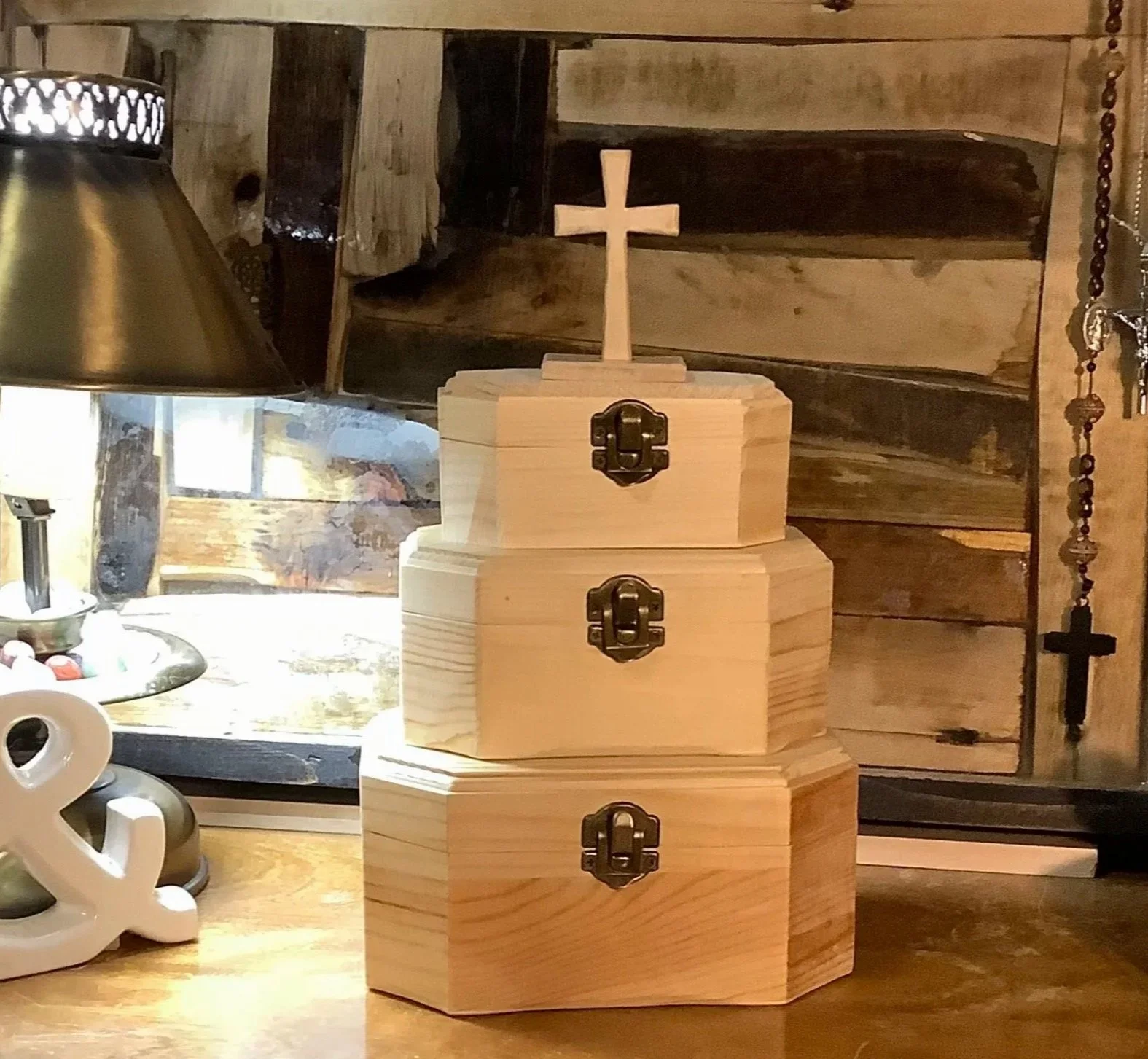 JesusBoxes Chest Style Prayer Box with pedestal and upright cross on the top.  3 sizes shown.