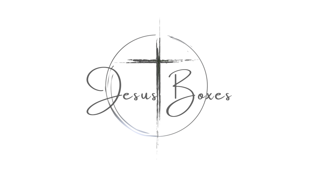JesusBoxes Logo light circles around a cross and script font created with blue and grey