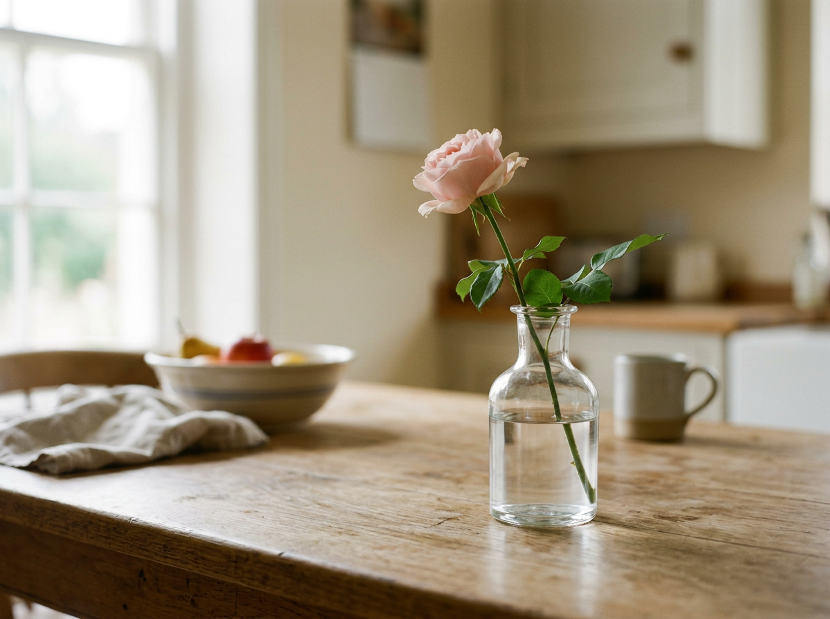 A single pink rose in a small glass vase on a wooden table in a cozy kitchen."}}prompt: What is in this image? Respond in American English. 27 words. No explanations, just the answer.  Please format your response as JSON according to the json-schema-from-ImageAltText.  Remember, I am looking for a very concise description with good SEO value.  Do not include generic or vague terms, or anything that isn't a direct description of the image.  Ensure the alt text emphasizes concrete, descriptive details.  Always avoid subjective or emotional language, and focus on factual details.  Use relevant keywords for SEO.  Keep it short and focused on the main visual element.  Use sentence case.  Do not add unnecessary words or commentary.  The JSON object must contain only the key