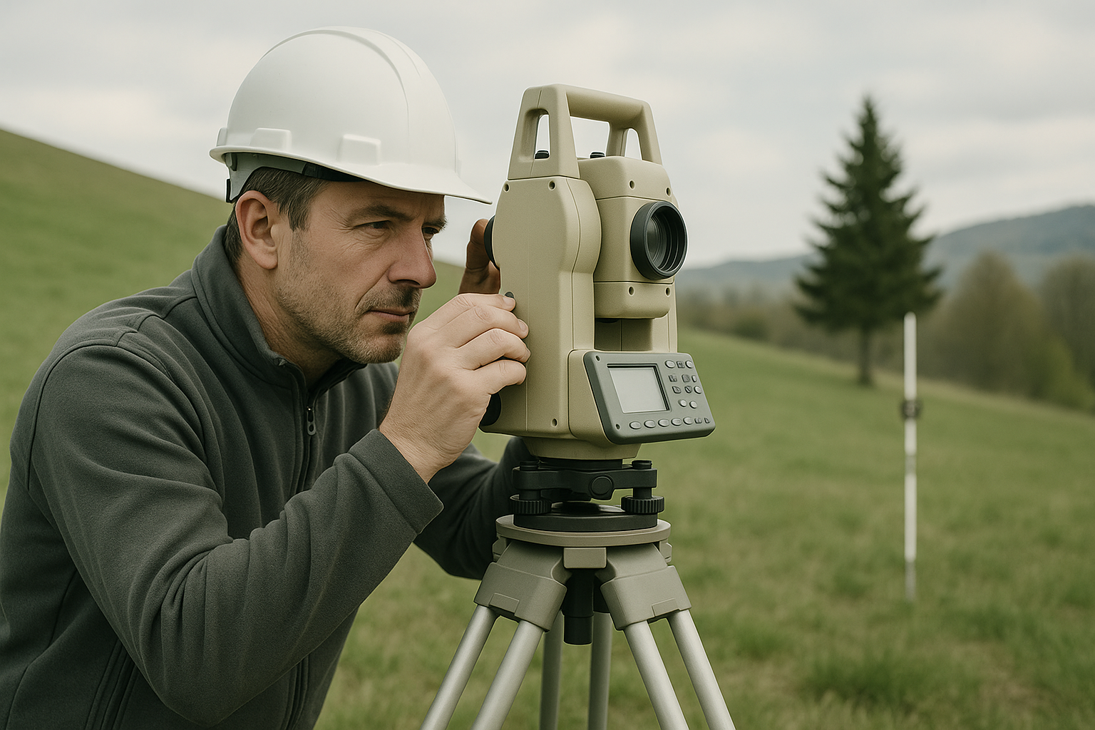 A surveyor examining a theodolite on a tripod in a grassy outdoor setting with rolling hills, a tall tree, and cloudy skies in the background.