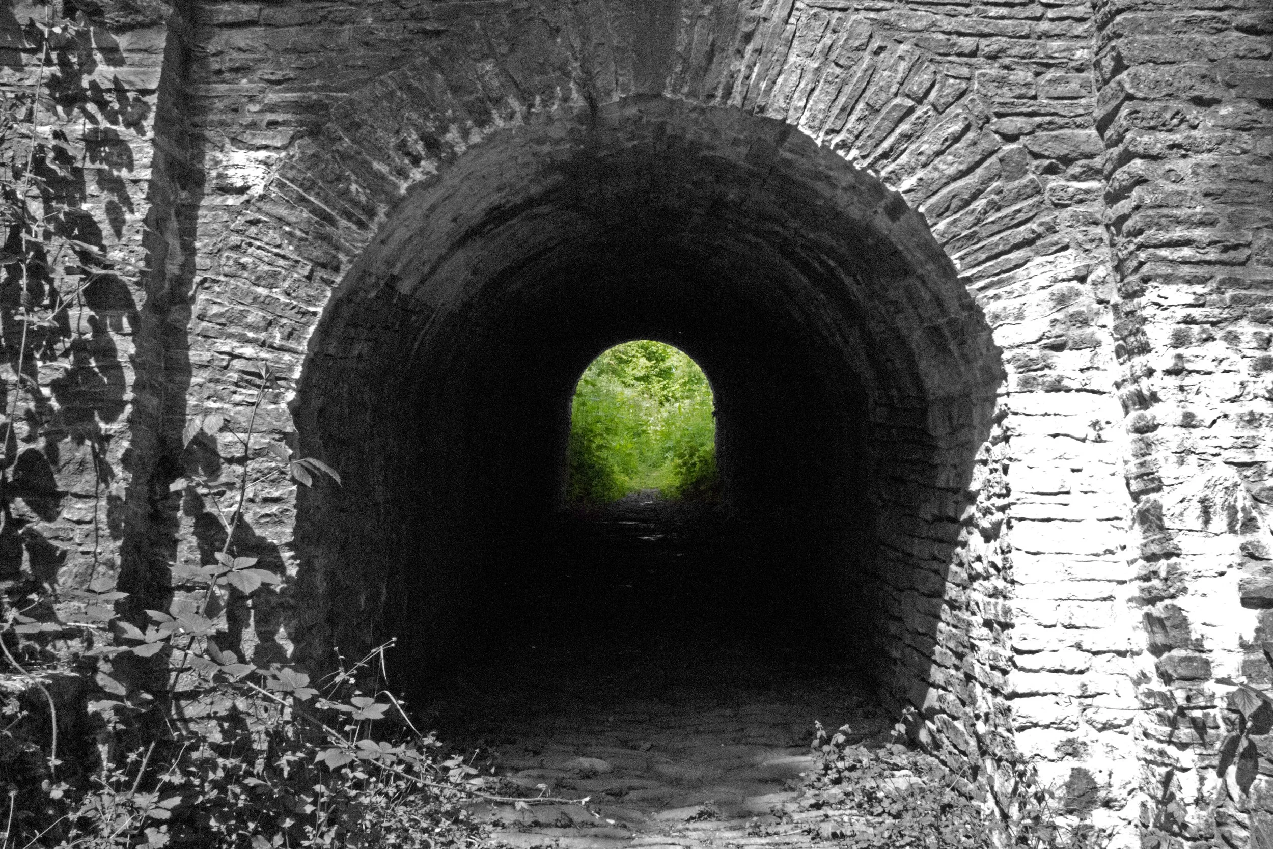 Black and white photo of a stone tunnel with greenery visible at the other end.