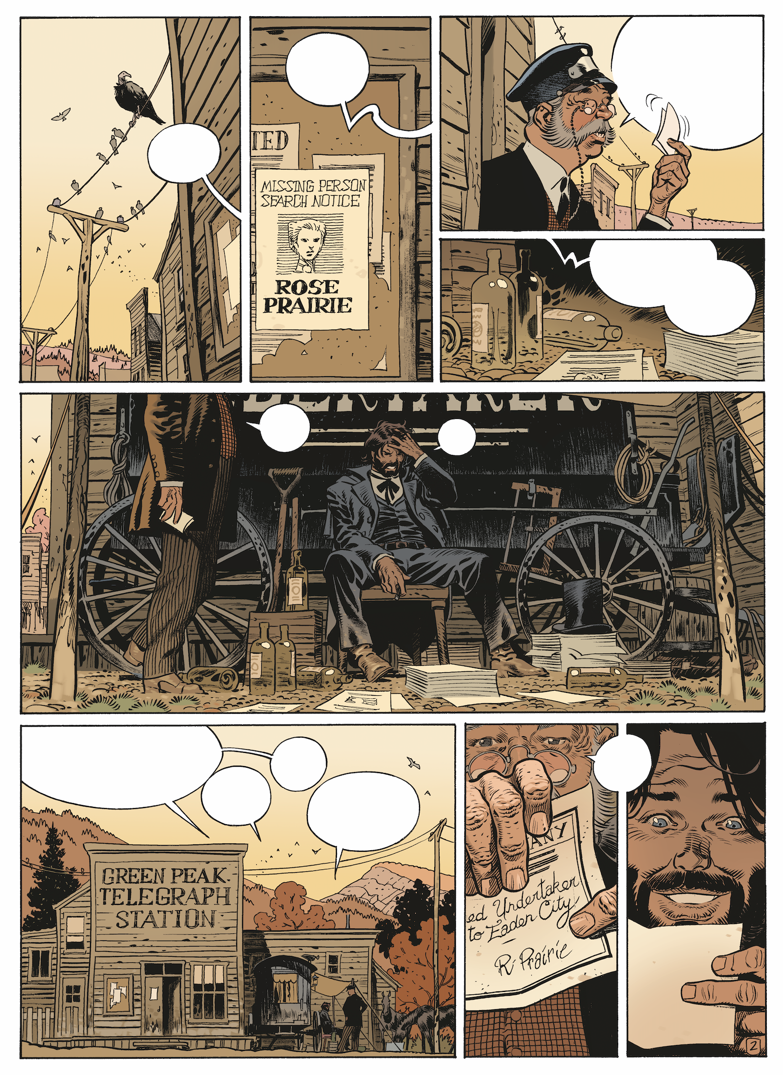 Une page de bande dessinée aux couleurs automnales mettant en scène un employé du télégraphe apportant un courrier à Jonas Crow, le héros de la série Undertaker de Dorison, Meyer et Delabie, aux éditions Dargaud.