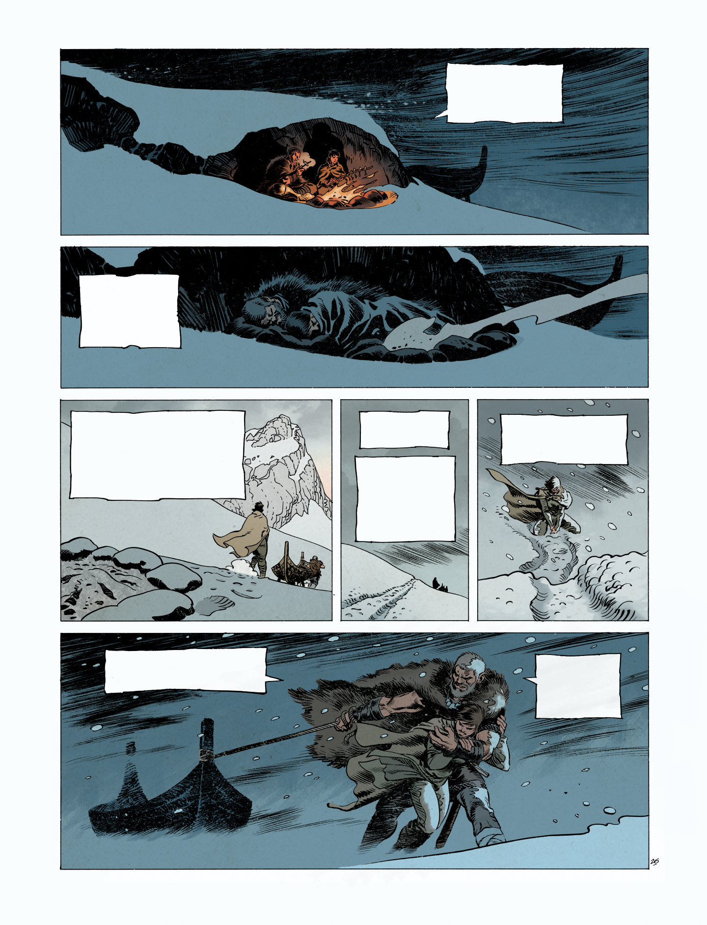 Une page de bande dessinée de la série Asgard de Dorison, Meyer et Delabie aux éditons Dargaud, mettant en scène les deux protagonistes principaux transis de froid tandis qu'ils affrontent le mauvais temps hivernal.