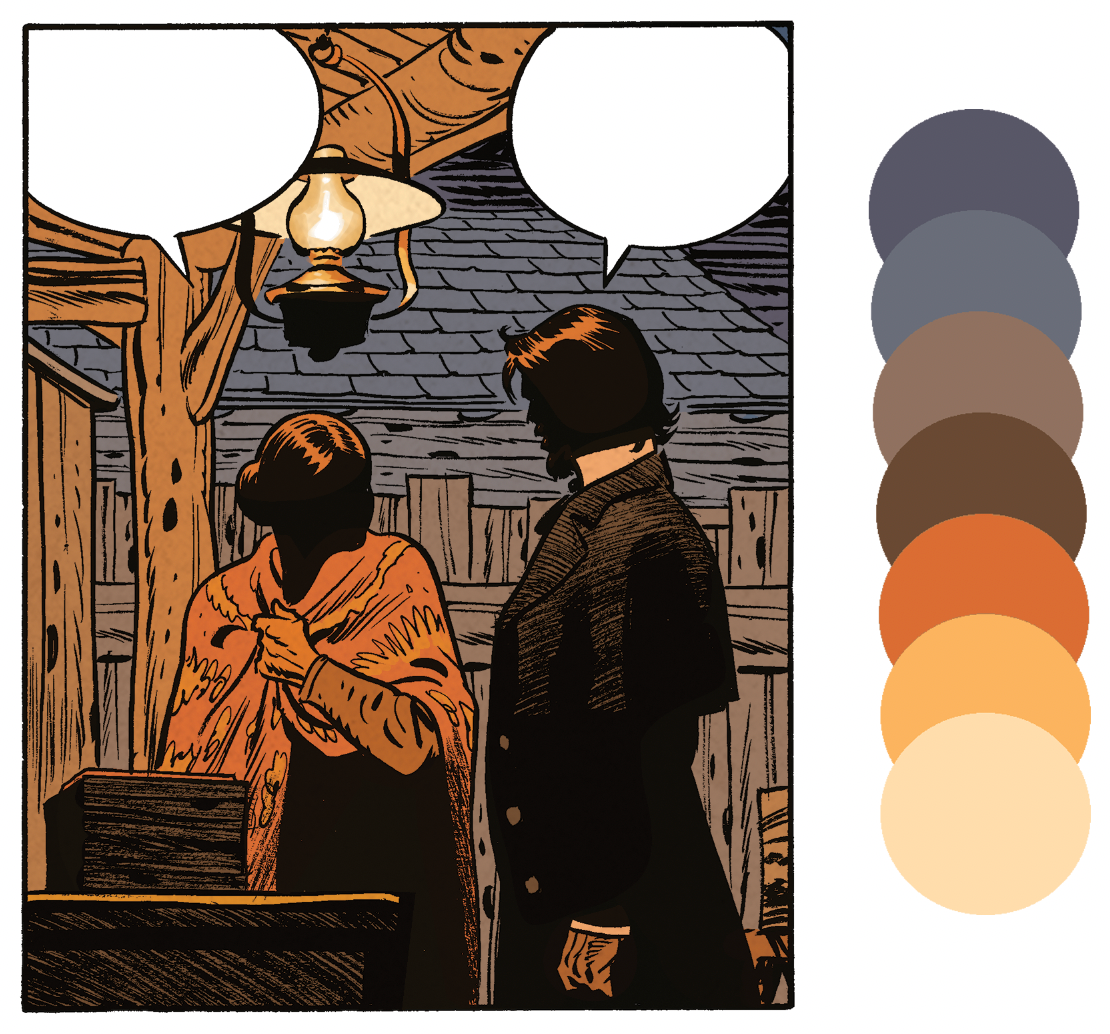 Une case et sa palette de couleurs mettant en scène  Jonas Crow et Mrs Winthorp, extraite de la série Undertaker de Dorison, Meyer et Delabie, aux éditions Dargaud.