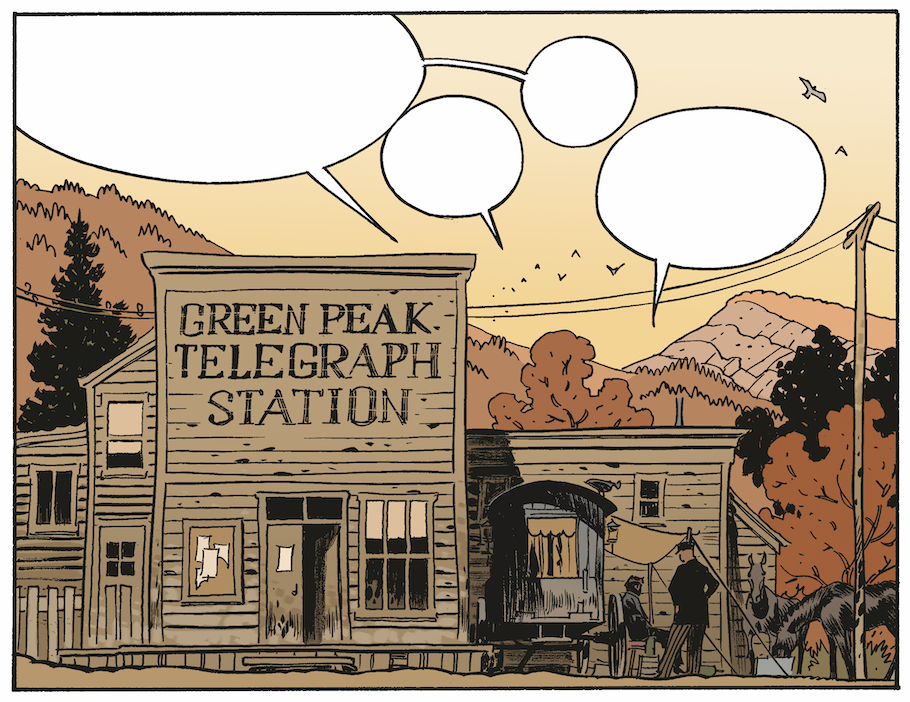 Une case de bande dessinée aux couleurs automnales mettant en scène un employé du télégraphe apportant un courrier à Jonas Crow, le héros de la série Undertaker de Dorison, Meyer et Delabie, aux éditions Dargaud.