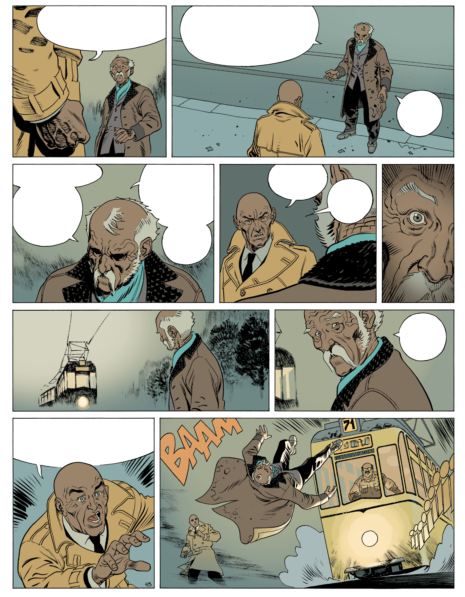 Une page de bande dessinée mettant en scène deux hommes discutant dans une rue. Puis un tram passant, l'homme le plus âgé se jette devant sous le regard catastrophé de l'autre homme. Extrait de La Mangouste, XIII Mystery, éditions Dargaud