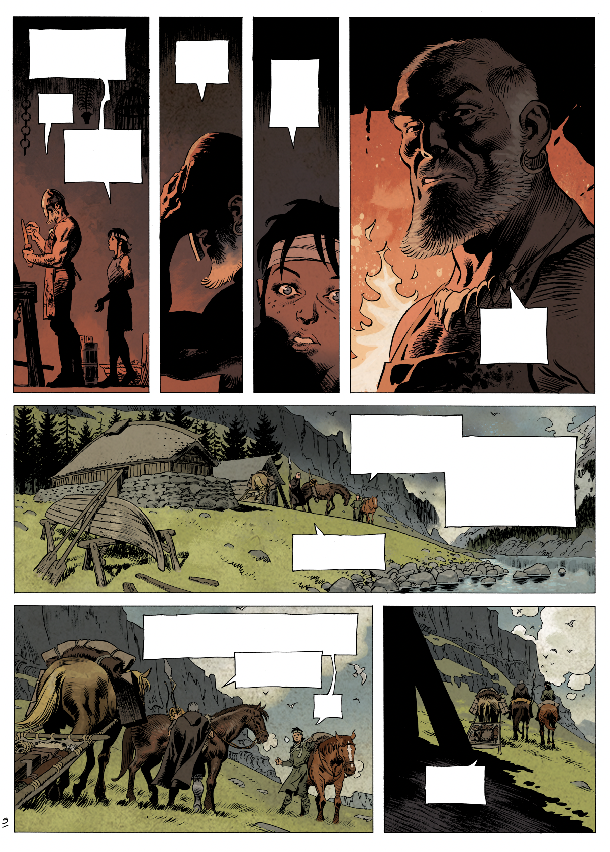 Une page de bande dessinée de la série Asgard de Dorison, Meyer et Delabie aux éditons Dargaud, mettant en scène les deux protagonistes principaux. Le premier strip est une scène d'intérieur tandis que le second est une scène extérieure.