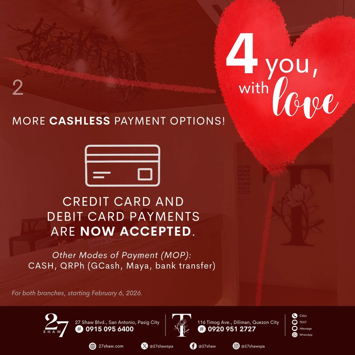 Cashless comfort. Every visit. &mdash; &ldquo;4 you, with love&rdquo; ❤️

#ThisIs27Shaw
#Tby27Shaw