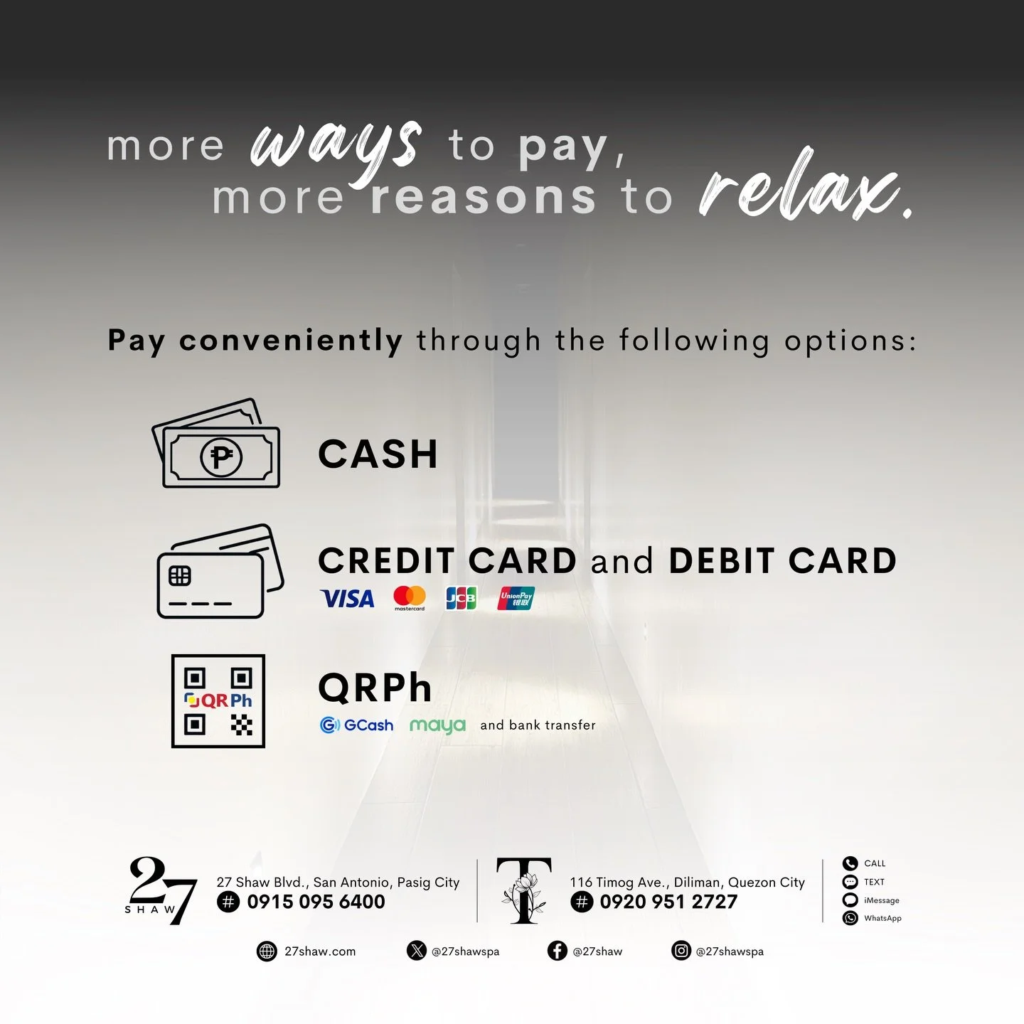 More ways to pay, more reasons to relax. ✨

#ThisIs27Shaw
#Tby27Shaw