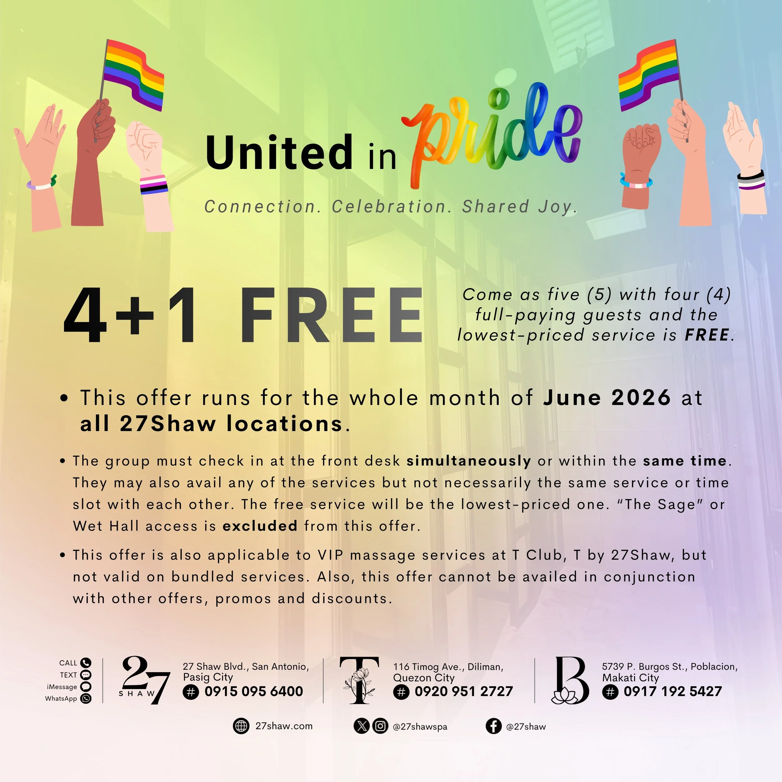 United in Pride: Connection. Celebration. Shared Joy. 🌈
Gather your squad and enjoy our 4+1 FREE offer. ✨

#ThisIs27Shaw
#27Shaw #Tby27Shaw #Bby27Shaw