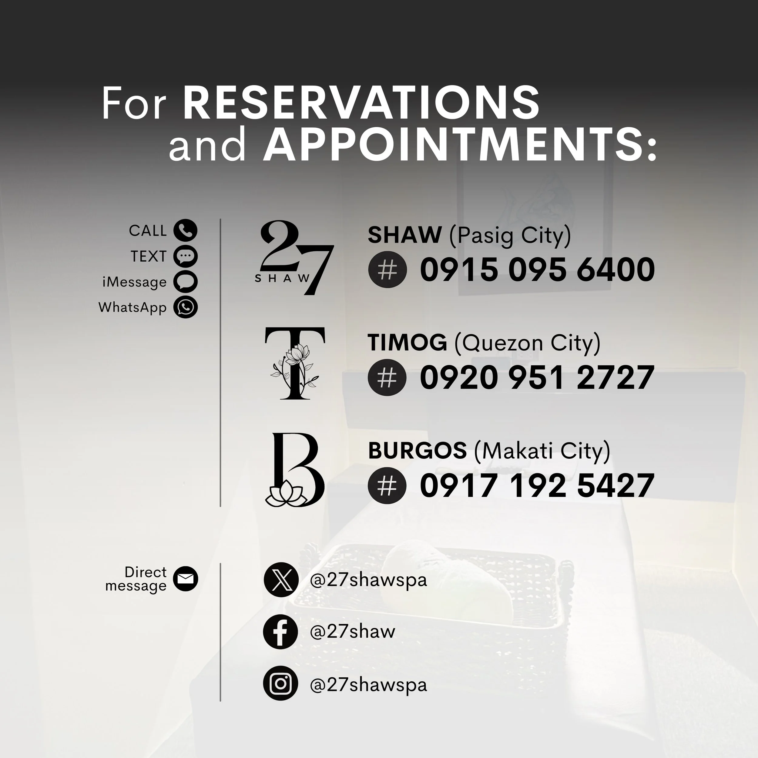Your moment of relaxation starts here. Explore our ways to book and reserve your well-deserved escape. 🖤

#ThisIs27Shaw
#27Shaw #Tby27Shaw #Bby27Shaw