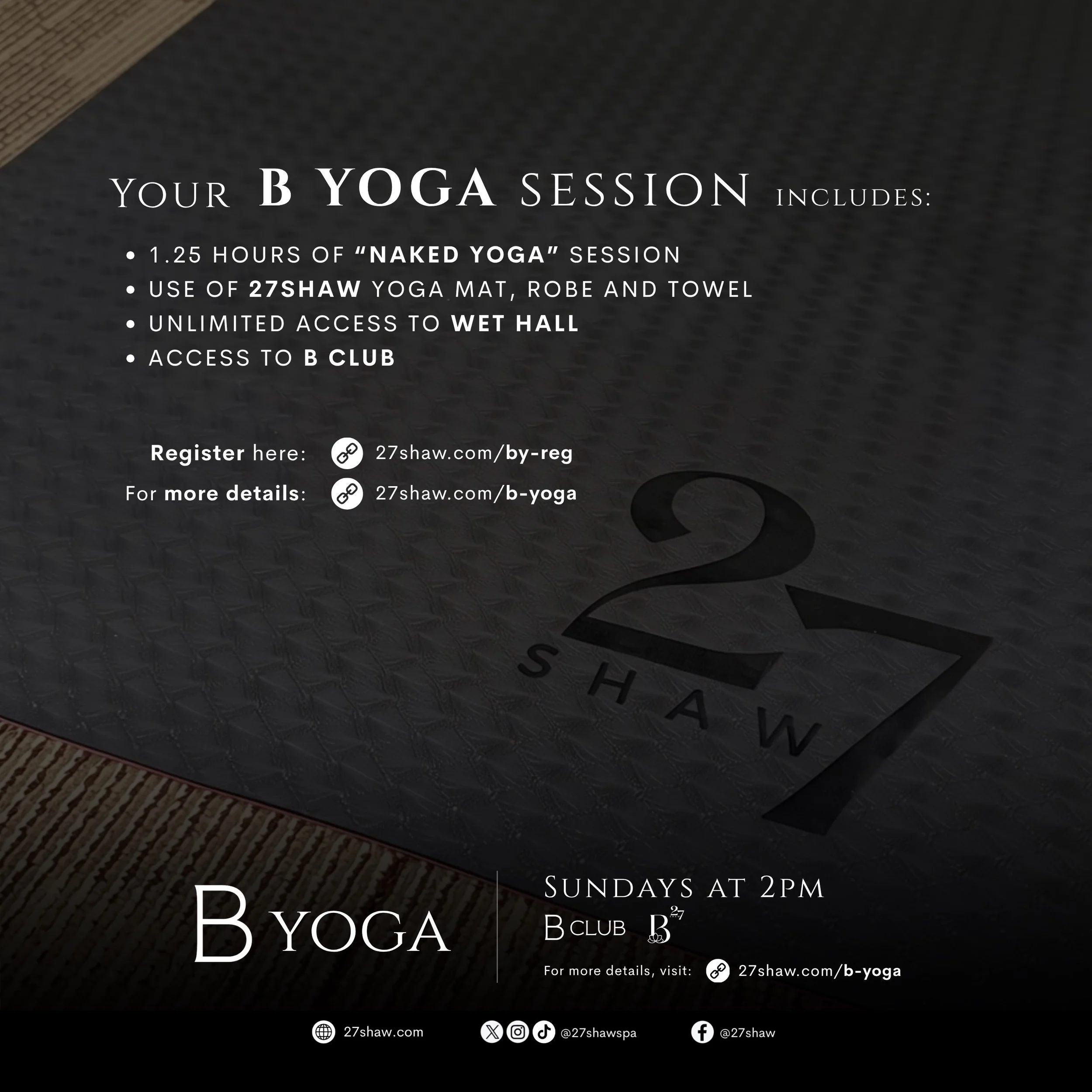 Experience the freedom of naked yoga and a deeper connection with yourself. ✨

B YOGA 🖤
A private yoga practice for men, centered on mindfulness, body acceptance, and connection.

Sunday, October 11, 2026 | 2PM
B Club, B by 27Shaw
Poblacion, Makati 