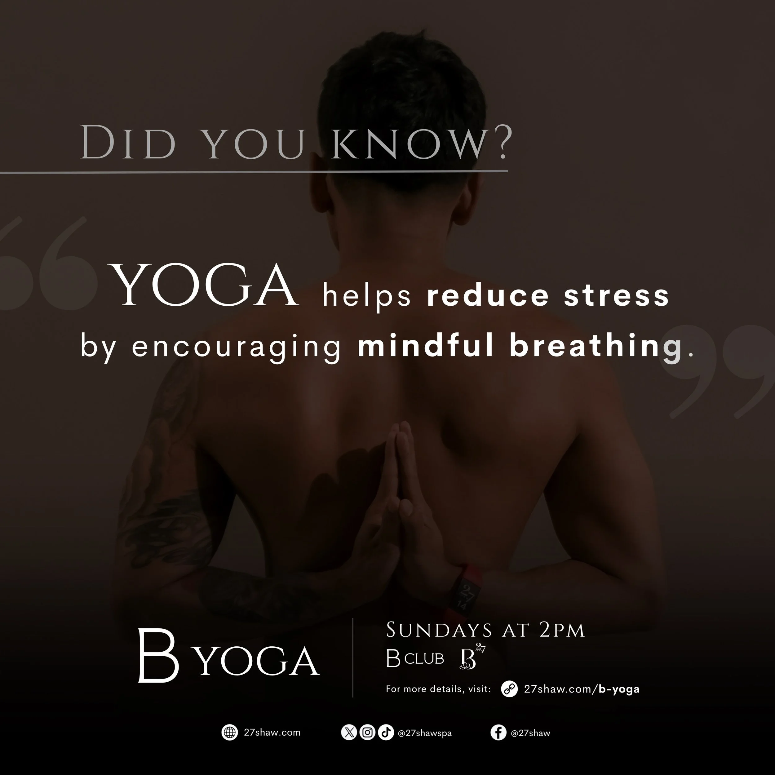 Experience the freedom of naked yoga and a deeper connection with yourself. ✨

B YOGA 🖤
A private yoga practice for men, centered on mindfulness, body acceptance, and connection.

Sunday, October 11, 2026 | 2PM
B Club, B by 27Shaw
Poblacion, Makati 