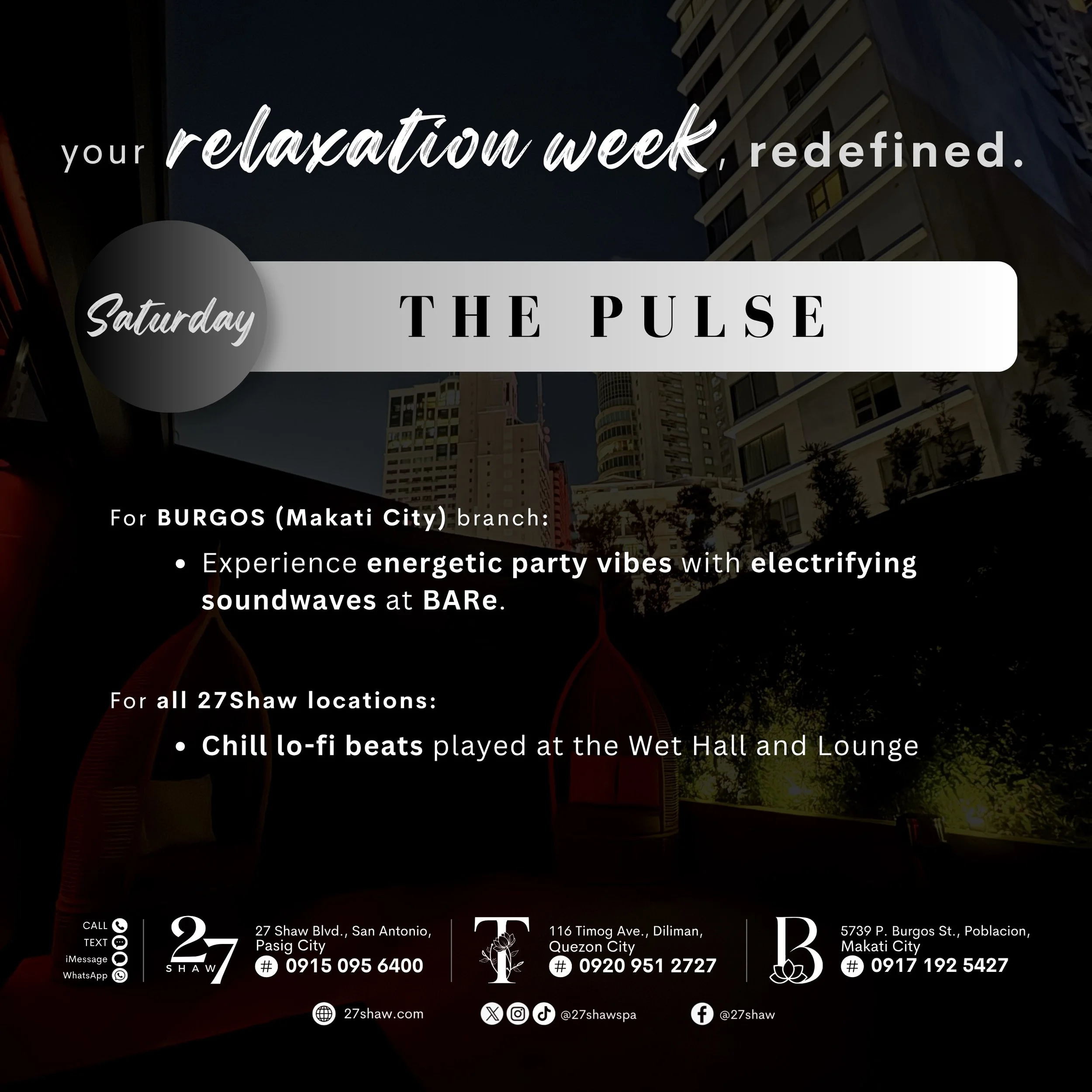 Saturday is where the pulse picks up. 🖤

For an evening full of energy, &ldquo;The Pulse&rdquo;&mdash;where BARe comes alive with party vibes and good company. 🪩

✨ 27shaw.com/redefined

#ThisIs27Shaw
#27Shaw #Tby27Shaw #Bby27Shaw