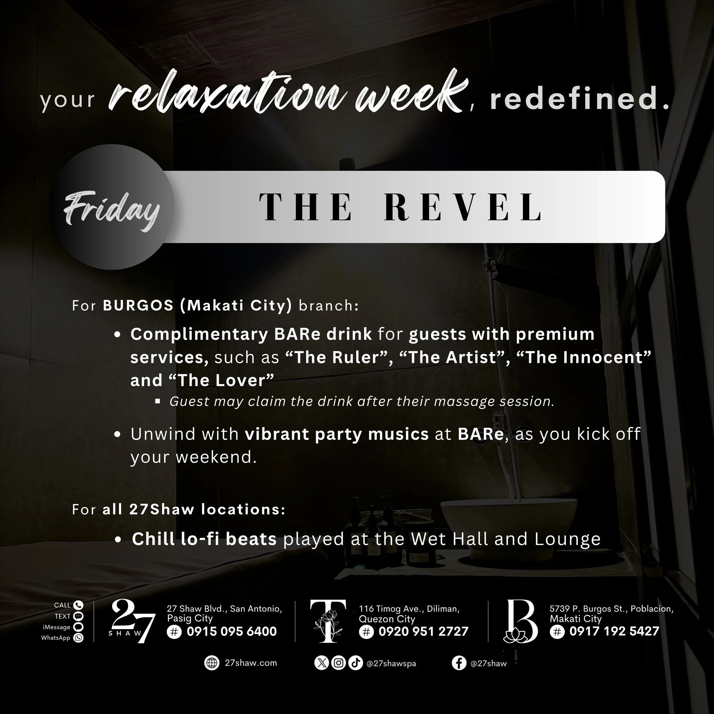 Friday calls for a little revelry. 🖤

A little luxury for the weekend ahead with &ldquo;The Revel&rdquo;&mdash;complimentary drinks with premium services, and party vibes waiting at BARe. 🥂

✨ 27shaw.com/redefined

#ThisIs27Shaw
#27Shaw #Tby27Shaw 
