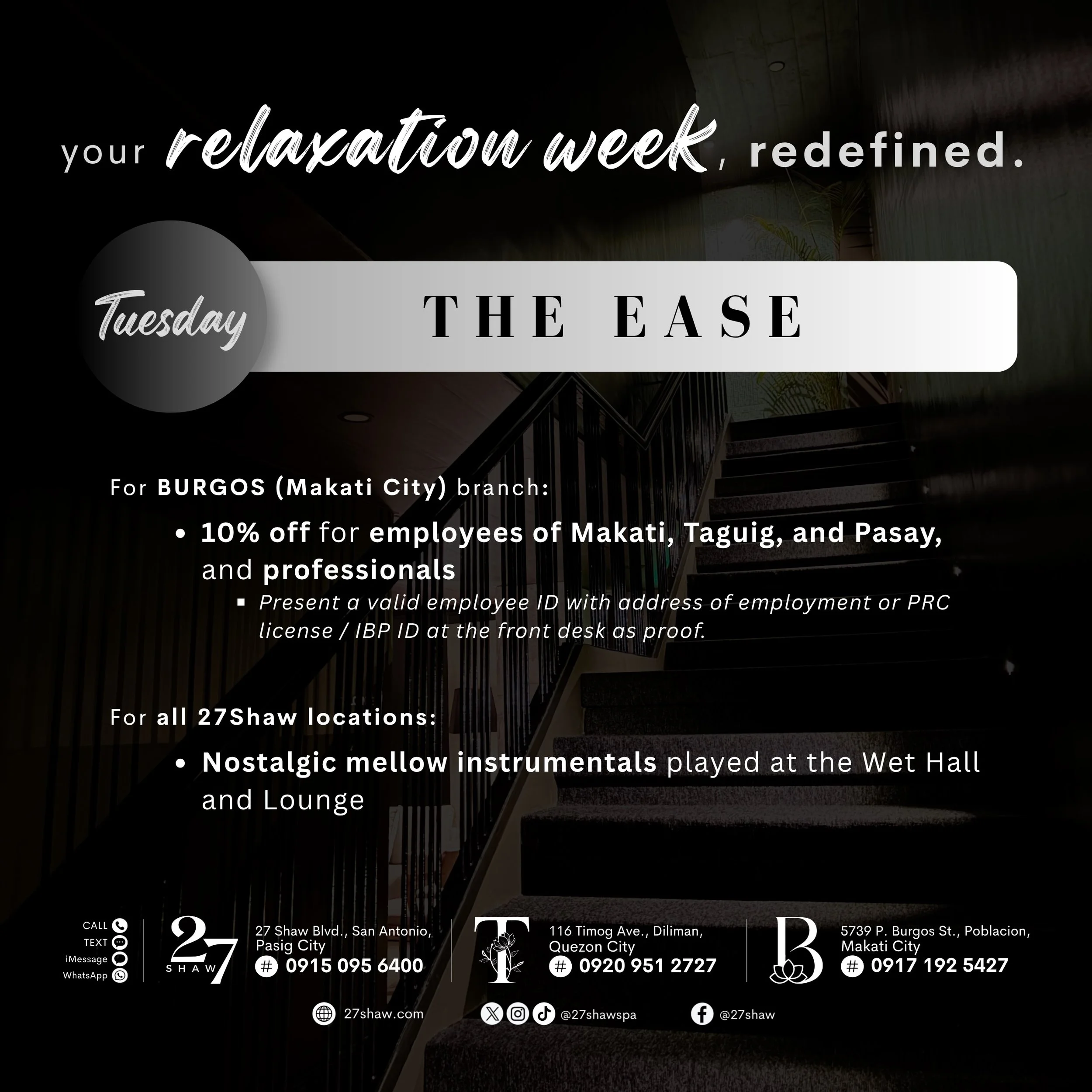 Tuesday, let the day unfold with ease. 🖤

Step into &ldquo;The Ease&rdquo;&mdash;a refined respite from the workday, with exclusive offers for employees and professionals. 👨🏻&zwj;💻

✨ 27shaw.com/redefined

#ThisIs27Shaw
#27Shaw #Tby27Shaw #Bby27S