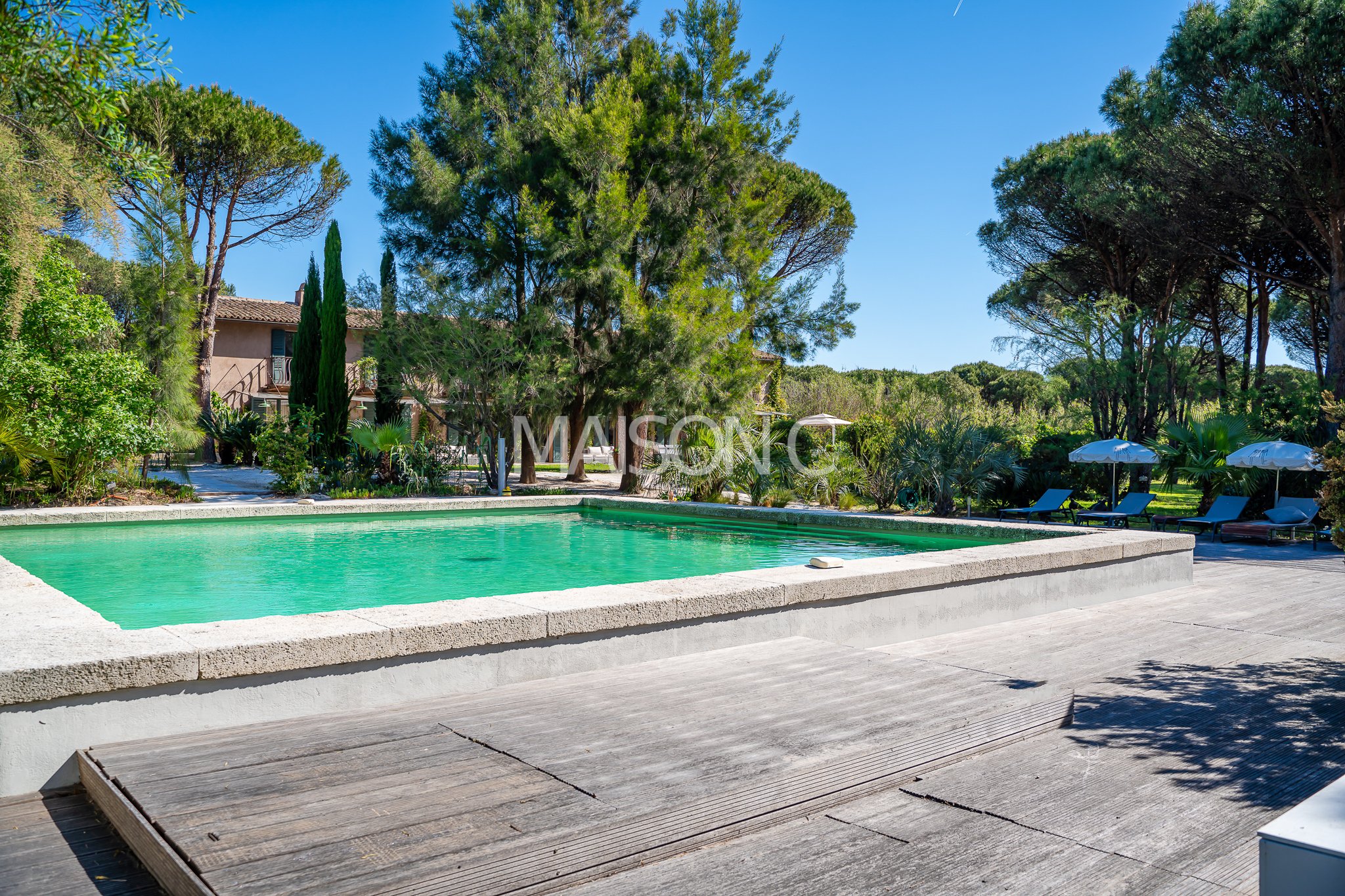 Piscine extérieure dans un jardin entourée d'arbres et de chaises longues avec parasols, sous un ciel bleu.