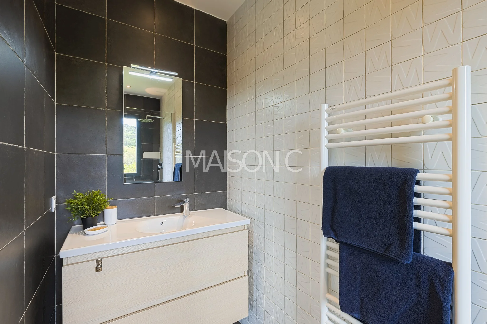 Salle de bain moderne avec miroir, lavabo, plante verte, et sèche-serviettes avec serviettes bleues.