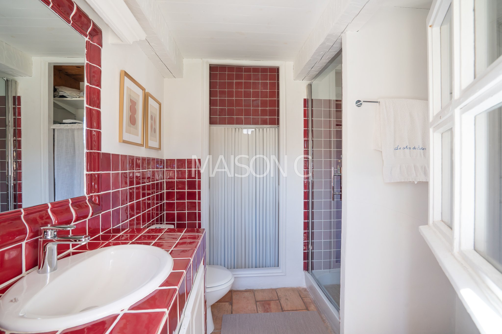 Petite salle de bain avec un miroir, un lavabo avec un comptoir en tuiles rouges, un WC, un savon, et une douche avec porte en verre, toutes les surfaces sont en tuiles rouges et blanches.
