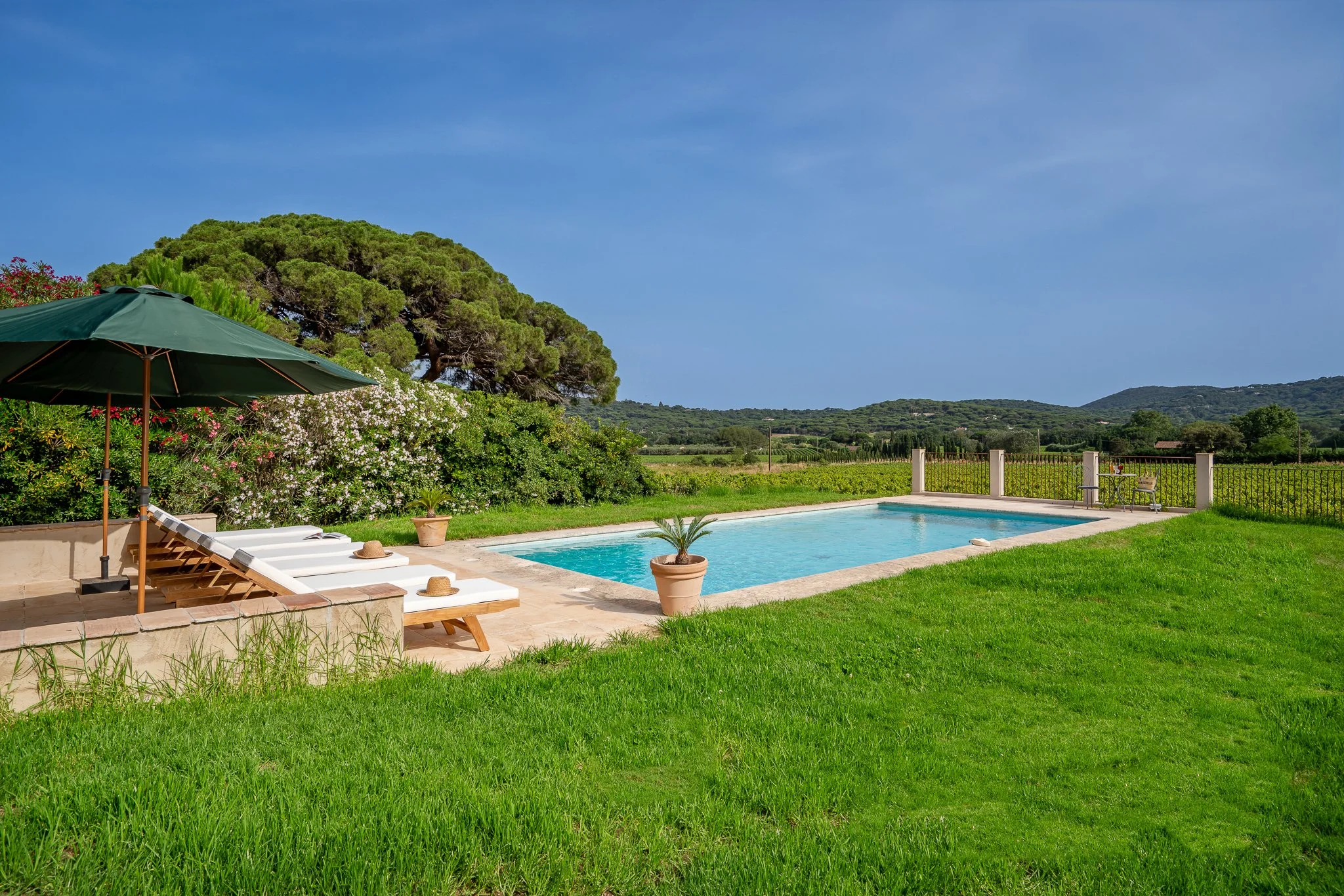 Piscine extérieure entourée de pelouse verte avec parasol et chaises longues en bois sous un ciel bleu, dans un paysage rural avec des montagnes en arrière-plan.